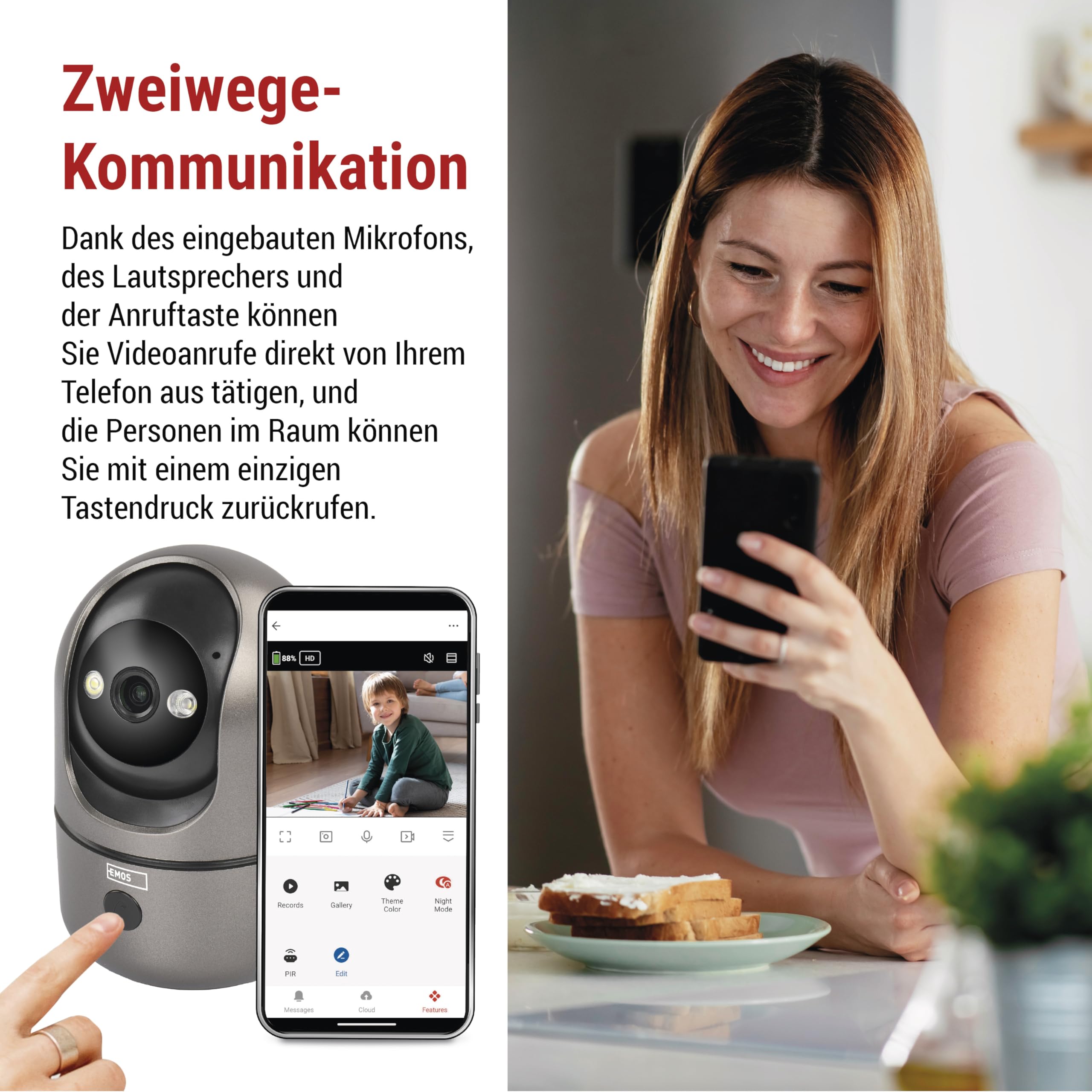EMOS GoSmart Wewnętrzna kamera monitorująca 4MP z podwójnym WiFi i aplikacją, inteligentna kamera IP do wnętrz, wykrywanie i śledzenie ruchu, widoczność w nocy i ustawienie obszaru, 2-drożne audio