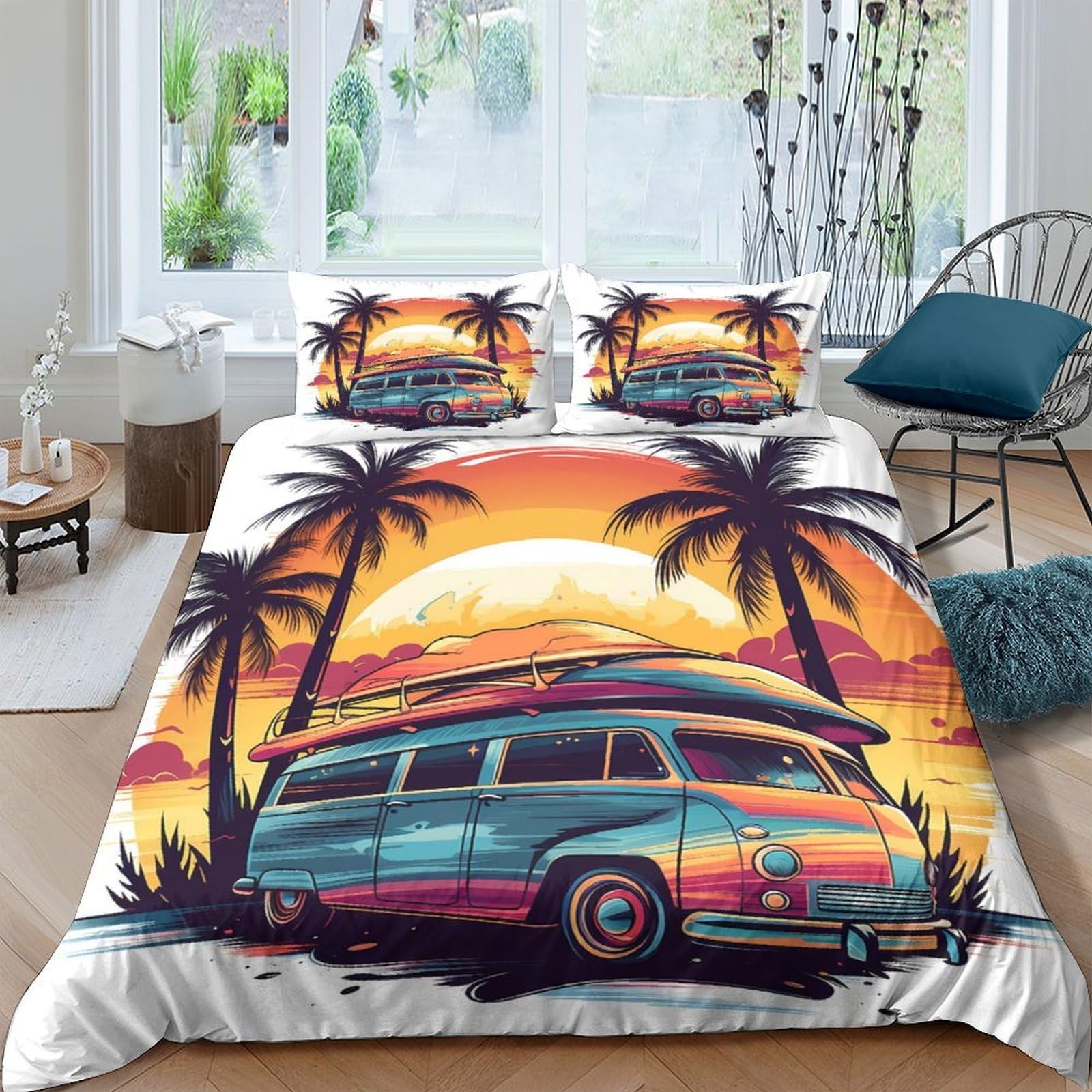 Ctjqhvkz Style-5 3D Printed Sunset Beach Van Fitted Sheet Microfiber Soft Palm Tree Mattress Cover For Bedroom Dorm Decor Single（135X200cm）