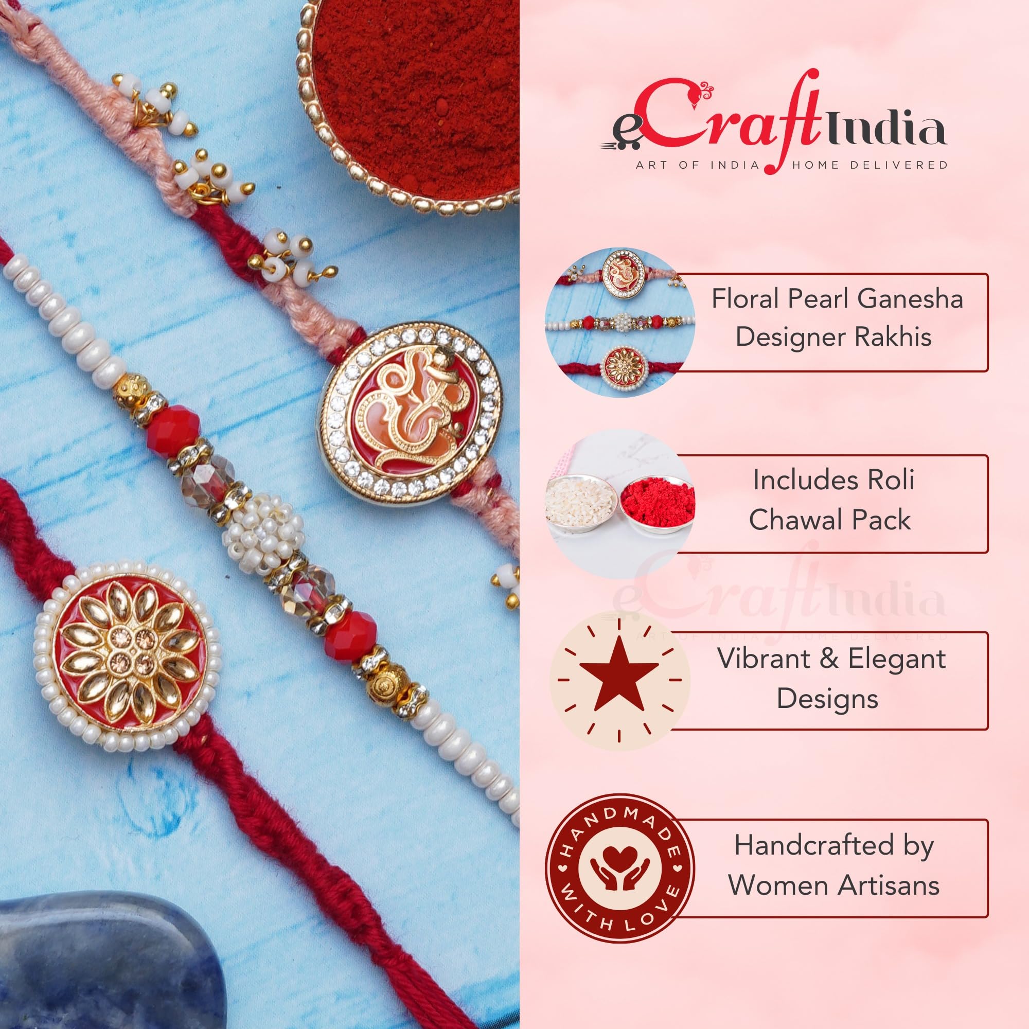 eCraftIndia Set of 3 Multicolor Floral, Pearl, Ganesha Rakhis, Best Bro Ever Fridge Magnet with Roli Chawal Pack - Rakhis for Brother, Bhabhi, Kids 2