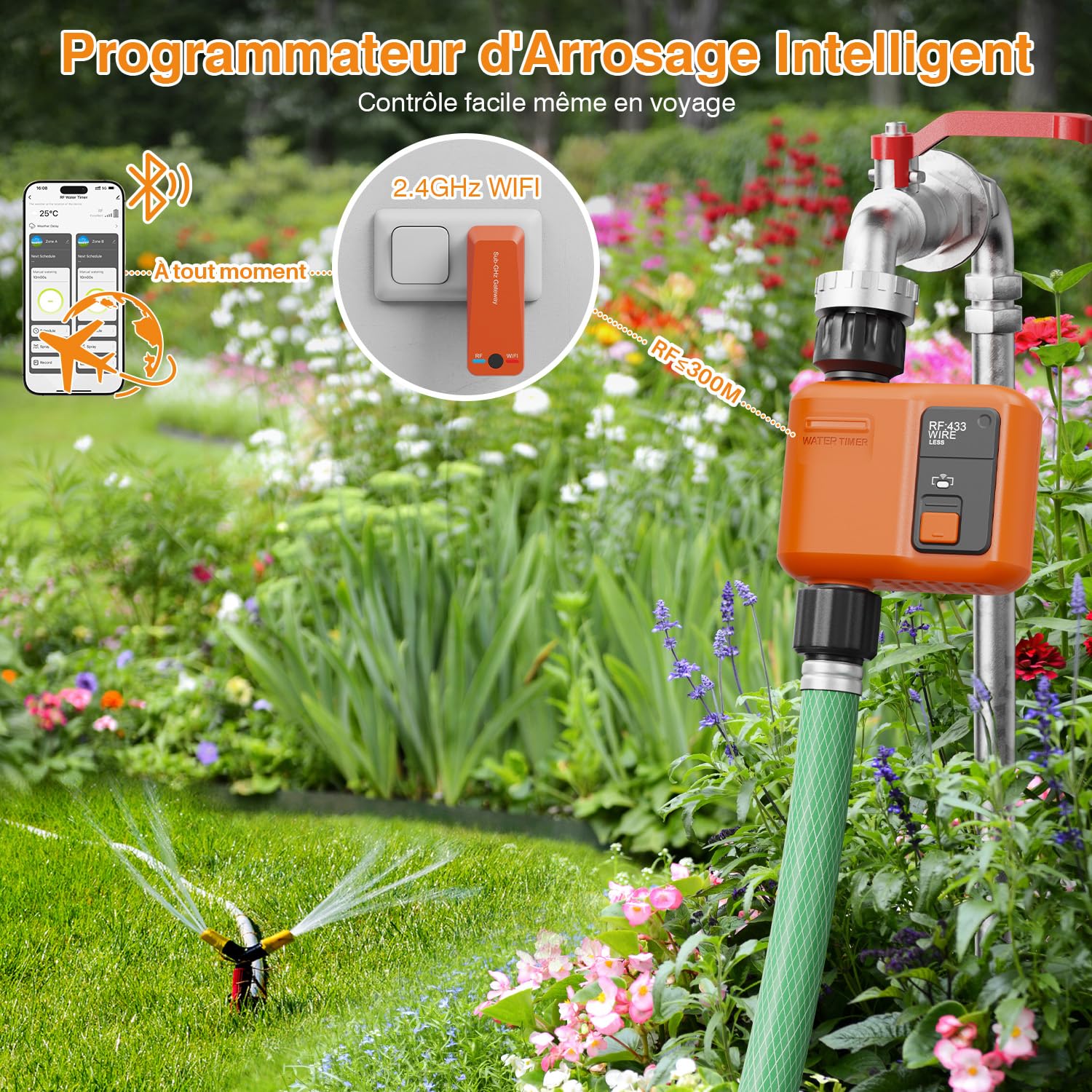 Programmateur Arrosage WiFi 300 Mètres RF Minuteur Automatique Alexa App Retard Pluie Irrigation
