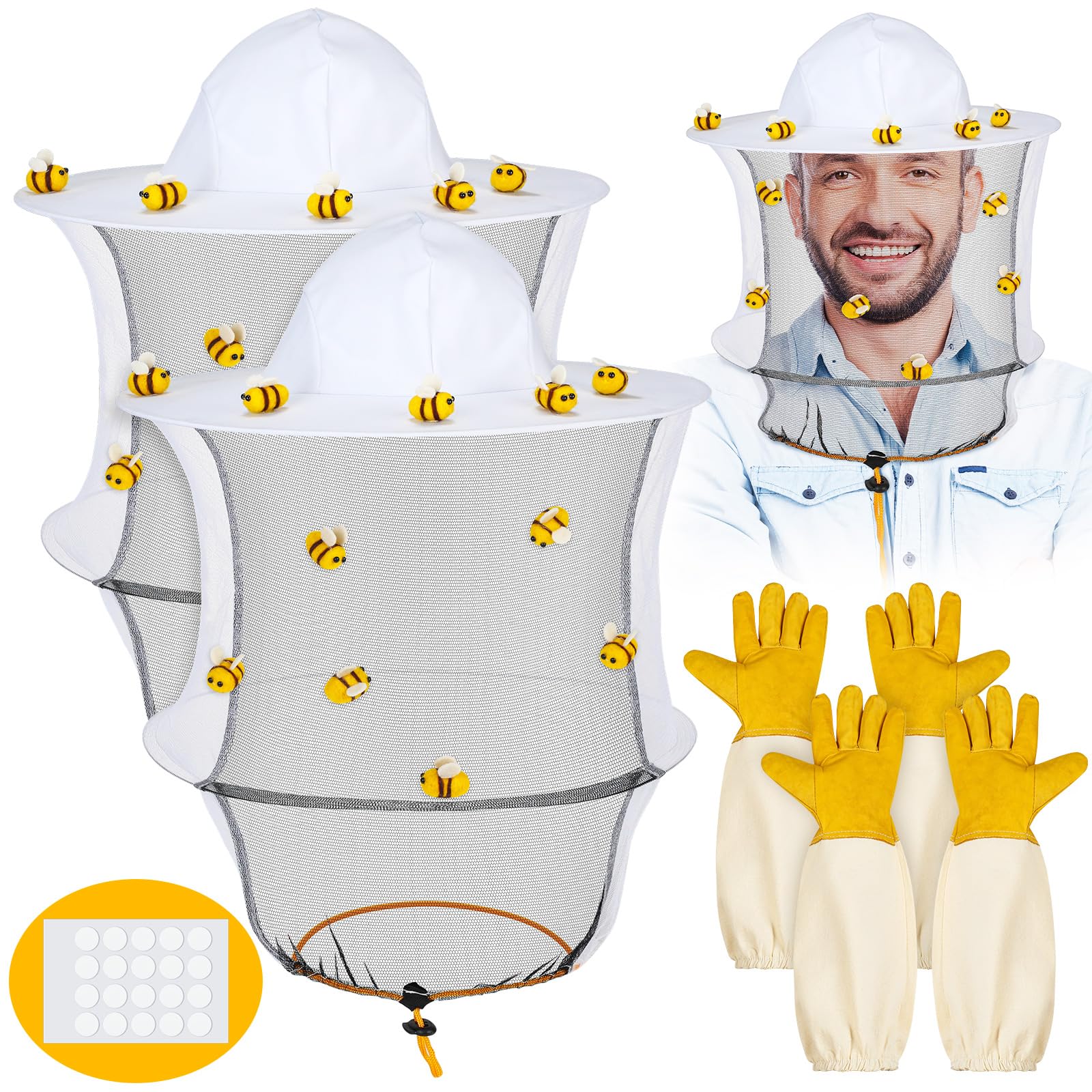 46 Pcs Halloween Beekeeper Costume Set 2 Pcs Bee Hat and Veil, 2 Pairs Gloves, 20 Pcs Wool Felt Bee 20 Round Double Sided Tape Beekeeping Hats with Netting for Bee Keeper Catcher