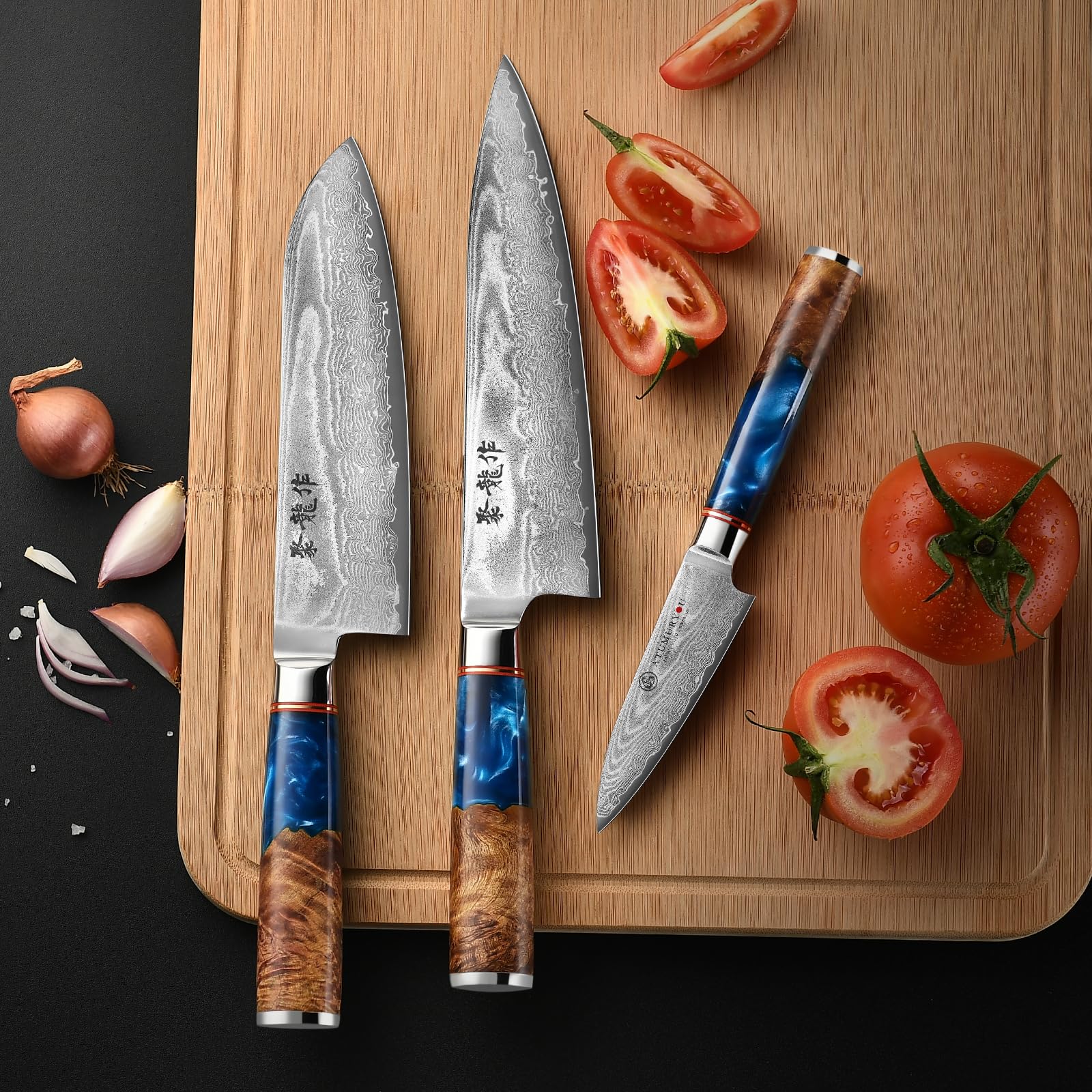 Japanese Chef Knife Set 3 Pcs, 67-Layer Damascus Kitchen Knife Set with VG10 Steel Core, Professional Sharp Damascus Knives with Ocean-Blue Ergonomic Handle, Include Elegant Cooking Gifts Box — Amazon image 7