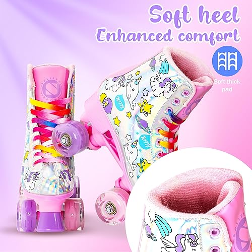 Miniatura 9 de SULIFEEL Patines de unicornio arcoíris para niñas, ruedas iluminadas, patines cuádruples con parte superior reflectante de piel de poliuretano