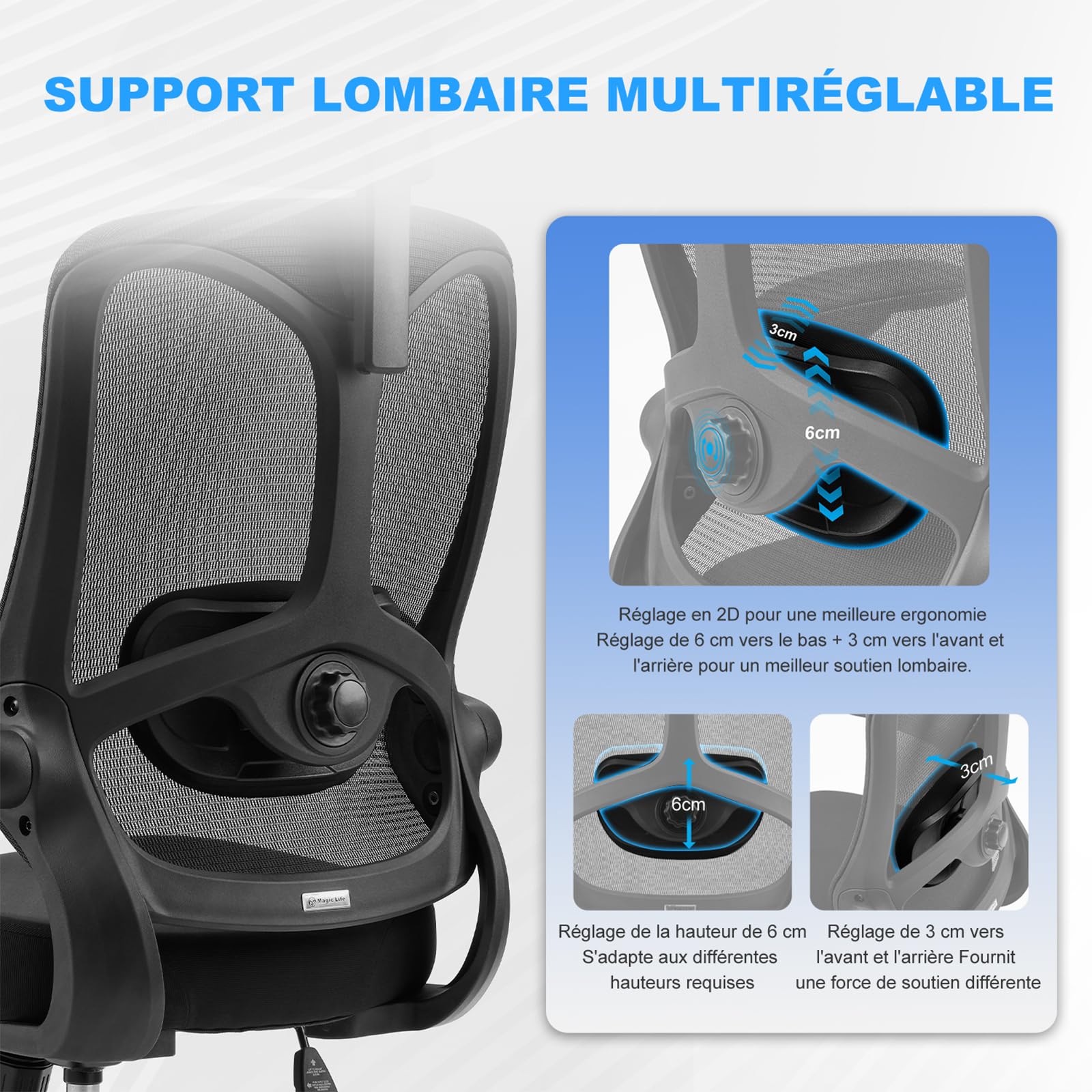 Magic Life Chaise de Bureau Ergonomique,Chaise avec Appui-tête 2D en Maille avec Dossier Haut,Support Lombaire Confortable,accoudoirs réglables (Negro)