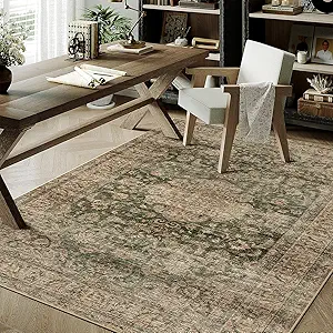 4x6 Washable Green Vintage Area Rug for Entryway Non-Slip Low Pile Traditional Carpet Retro Distressed Soft Thin Accent Throw Rug for Office Kitchen Bathroom Door Mat Indoor Dining Room
