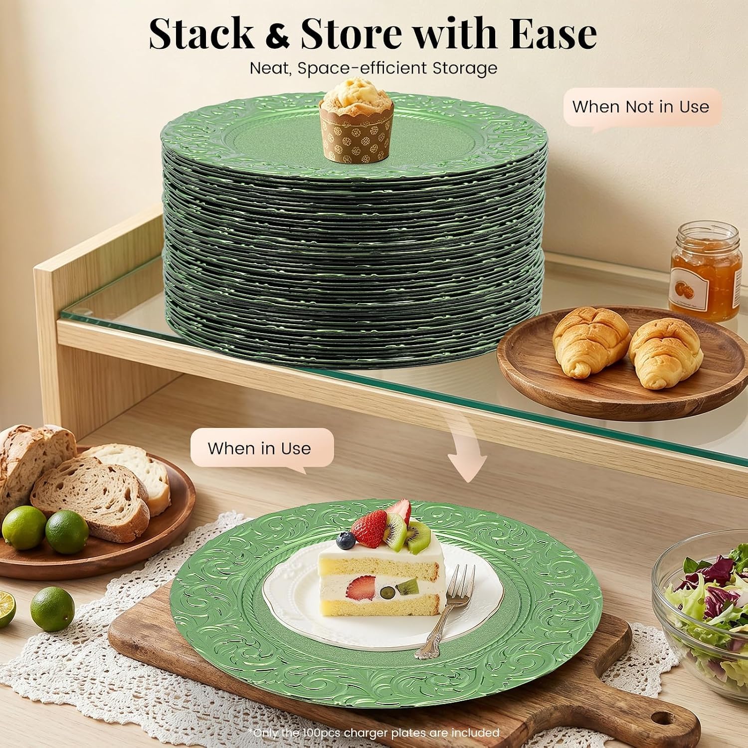 Lot De 100 Assiettes De Présentation Rondes De 33 Cm En Plastique, Bord En Relief, Réutilisables, Pour Mariage, Dîner, Banquet Et Décoration Intérieure, Noir (or) Green