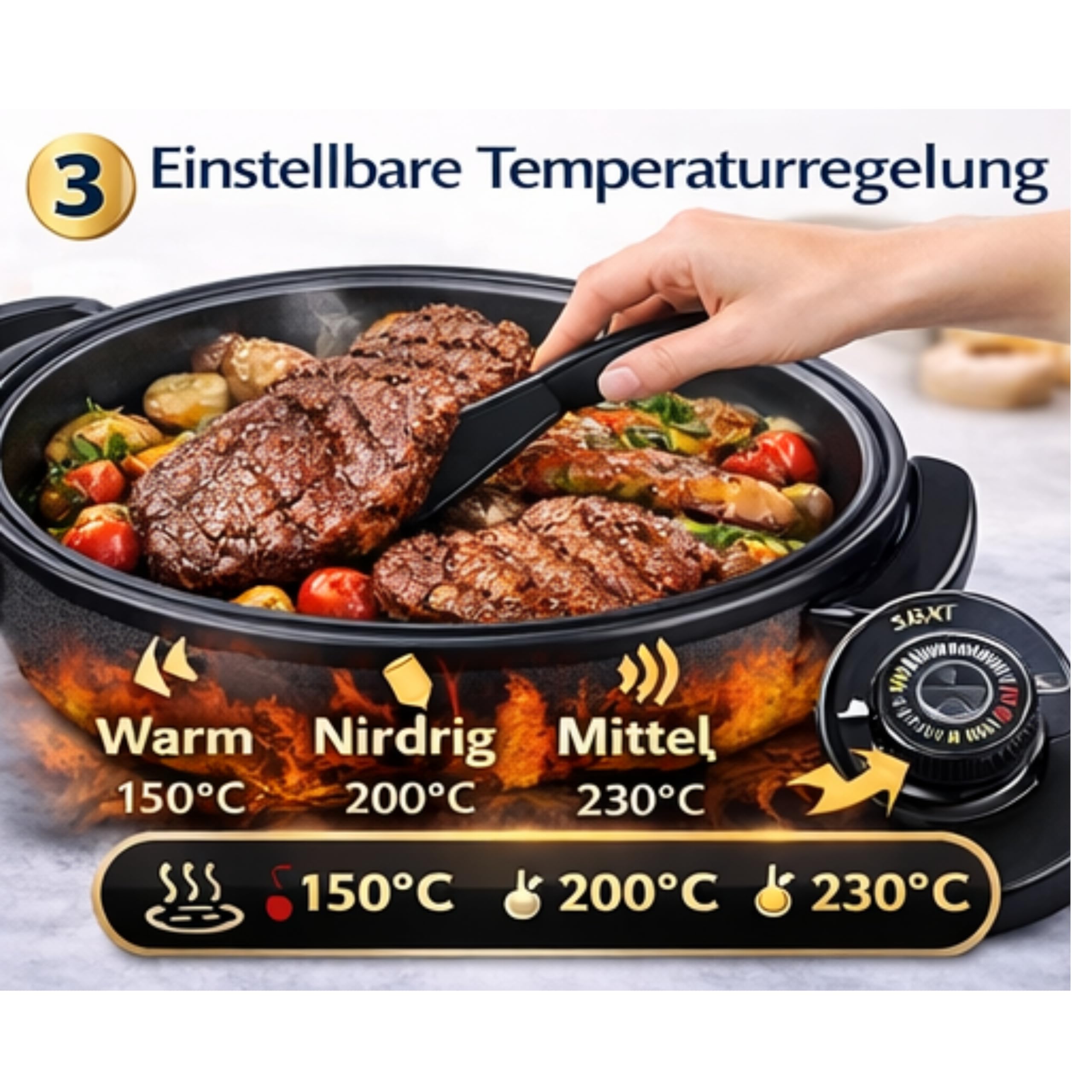 XXL Pizza Pfanne, 42cm Extra Tief, 13cm Höhe, mit Glasdeckel, Elektrische Pizzapfanne (42/13 cm)