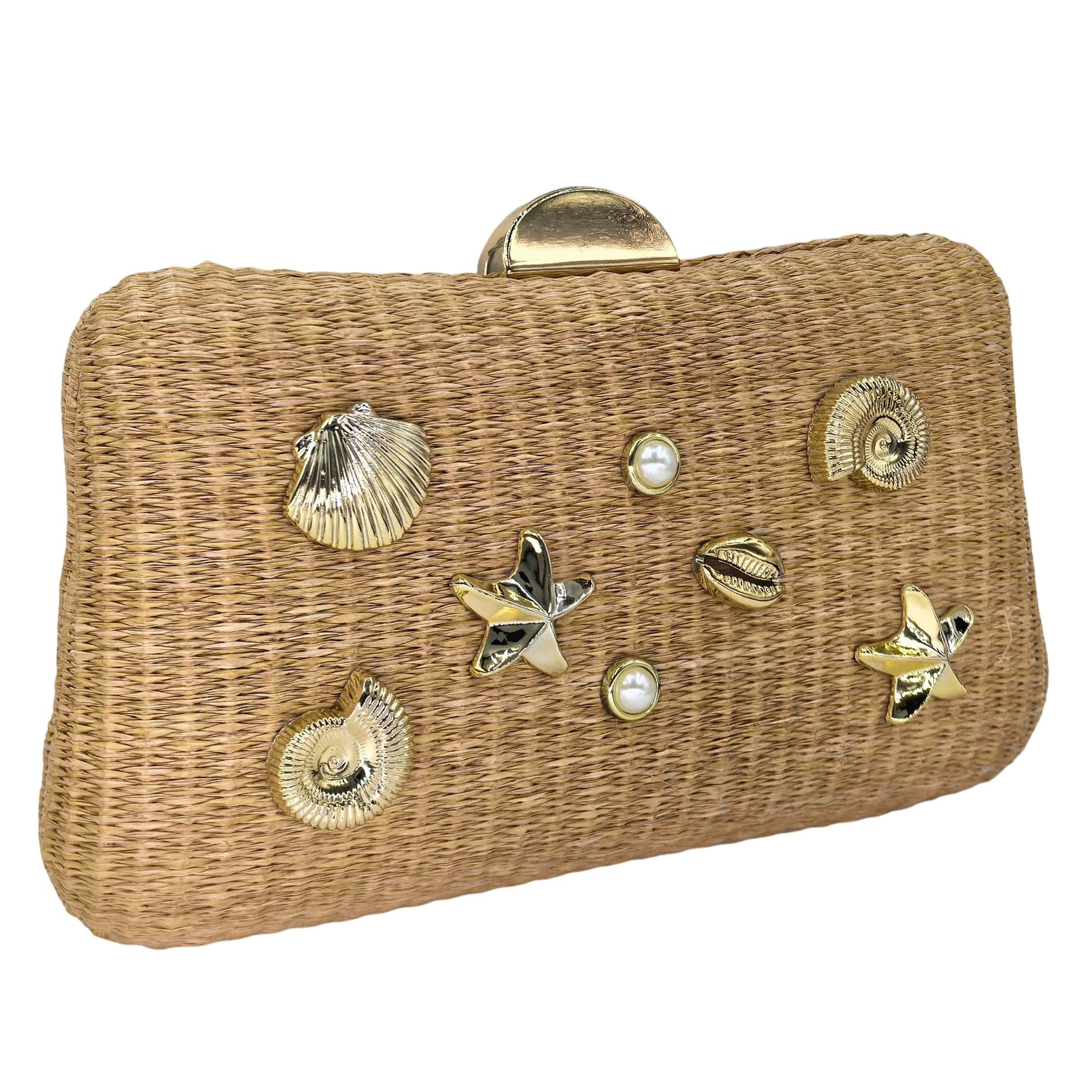 Boutique De FGG Pochette in paglia intrecciata con accenti di conchiglie, borsa da sera da spiaggia bohémien, borsa da donna leggera per feste estive