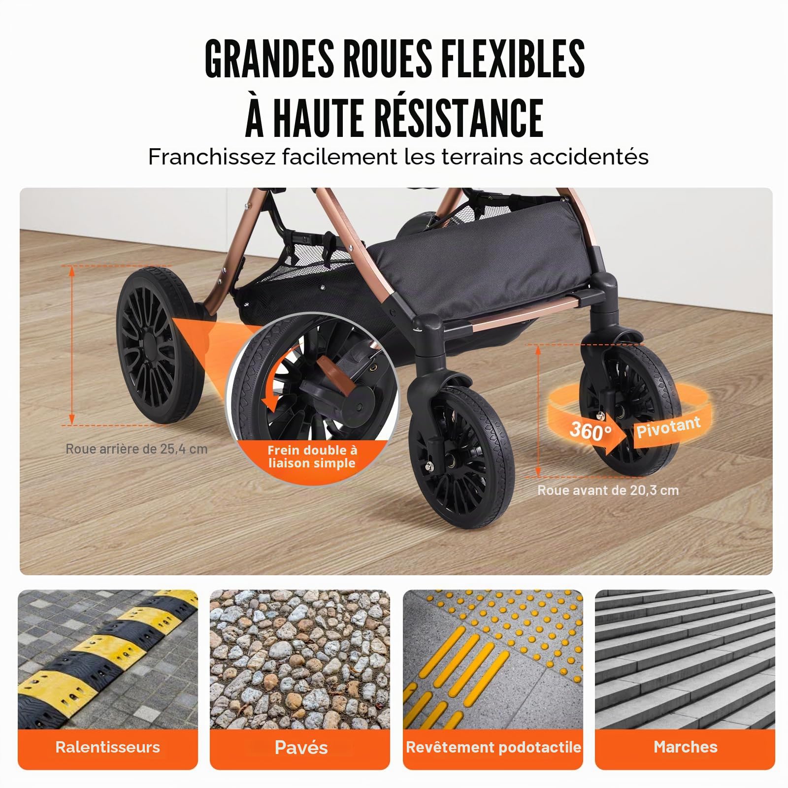 VEVOR Poussette pour Chien Animaux de Compagnie 4 Roues Pivotantes avec Freins Capacité de Charge 30 kg Poussette Chat Support Amovible Panier Rangement Coussin pour Chiens Petite/Moyenne Taille, Noir