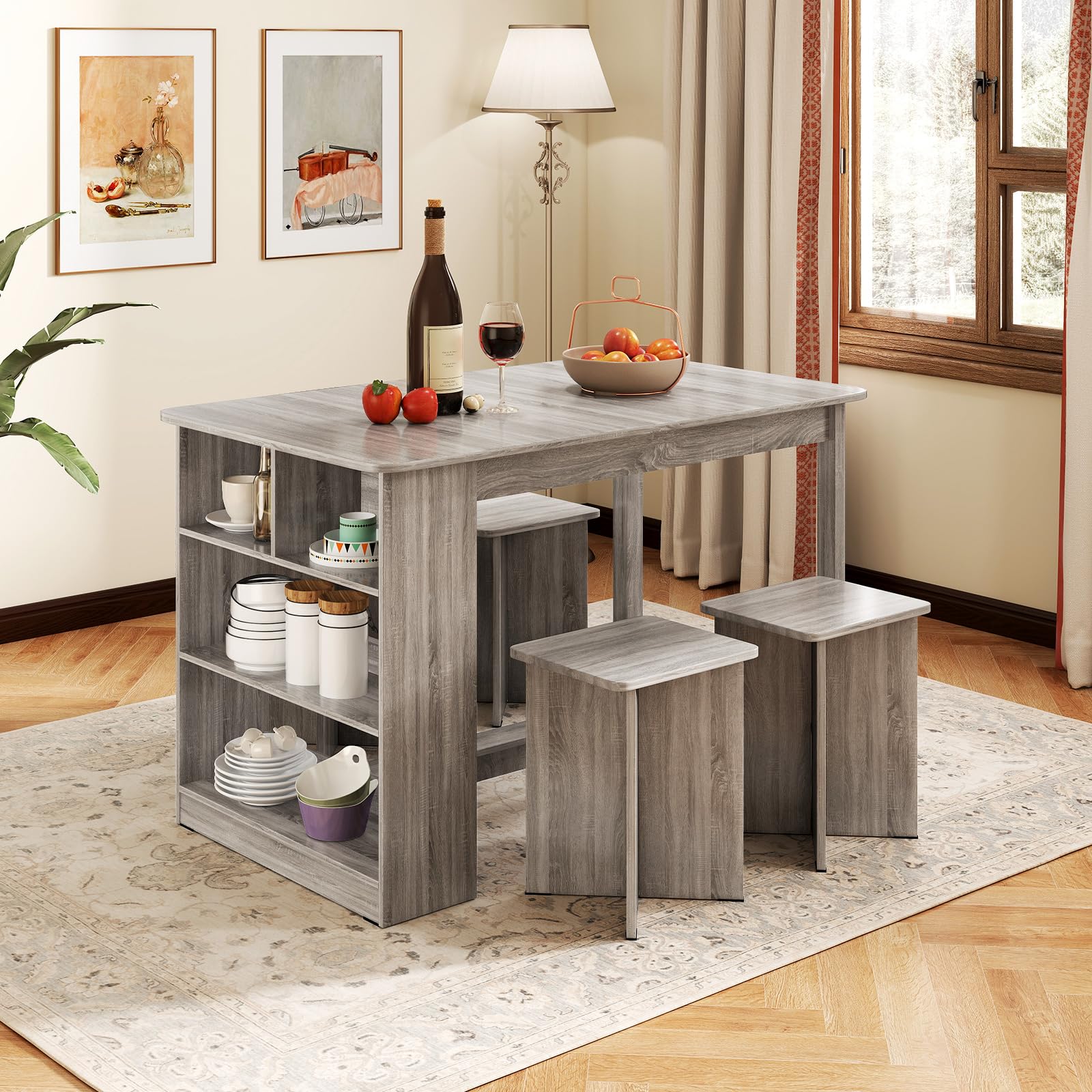IFANNY Dining Table Set for 4, Island Table for Kitchen with 3-Tier Shelves & 4 Stools, Wooden Kitchen & Dining Room Furniture, Dinette Set for Home,