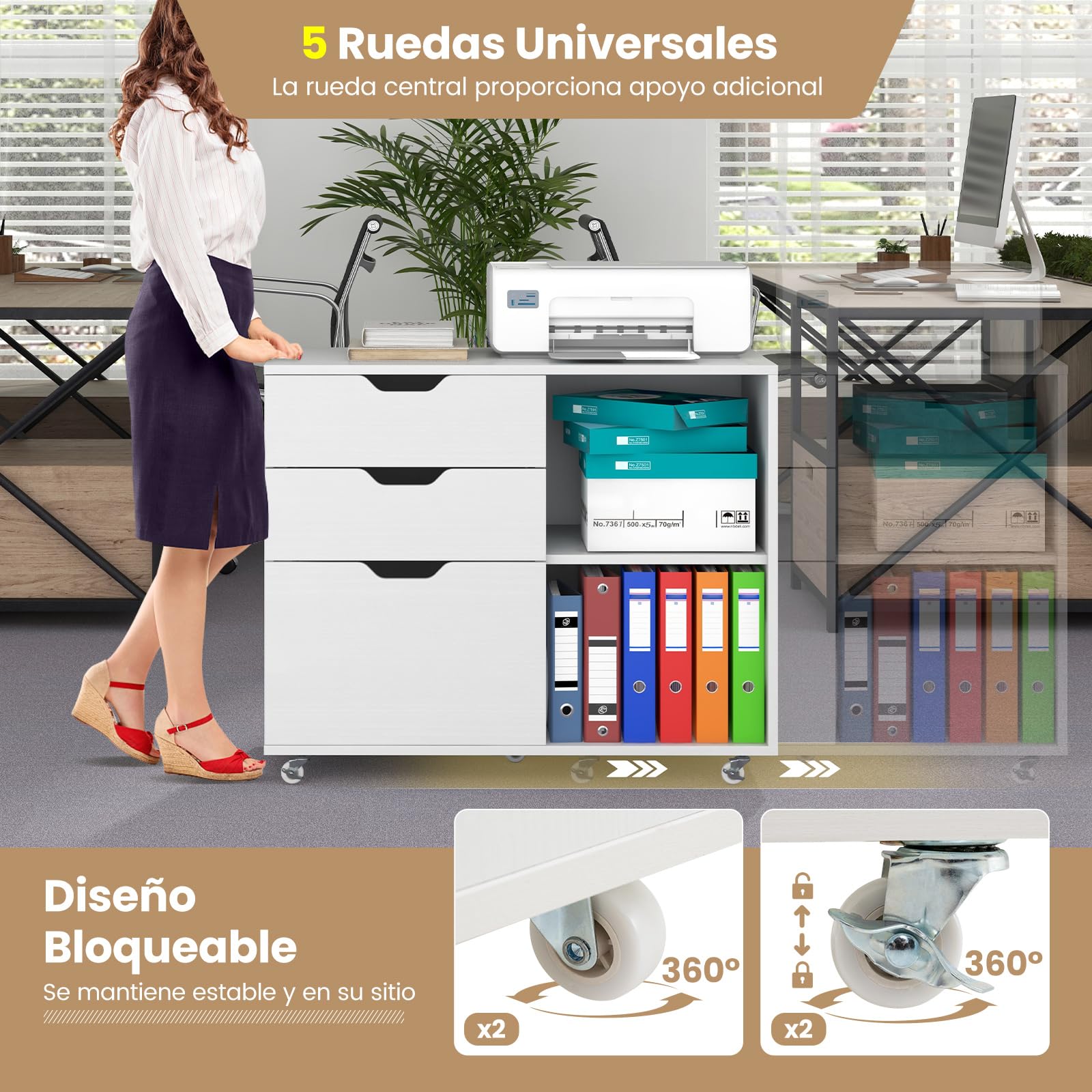 COSTWAY Cajonera con Ruedas, 3 Cajones, Cajoneras Escritorio con Estante Ajustable, Mueble Archivador Oficina, Carta, A4, Tamaño Legal, 81 x 40 x 66,5 cm (blanco)