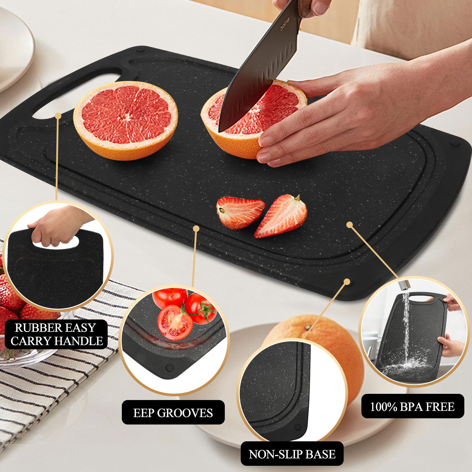 Set 3 Tabla Cortar Cocina, Tabla Cortar de Plástico Sin BPA, Cutting Board con Asas y Ranura para el Jugo, Chopping Board Antideslizante para Verduras/Frutas/Carnes, Negro