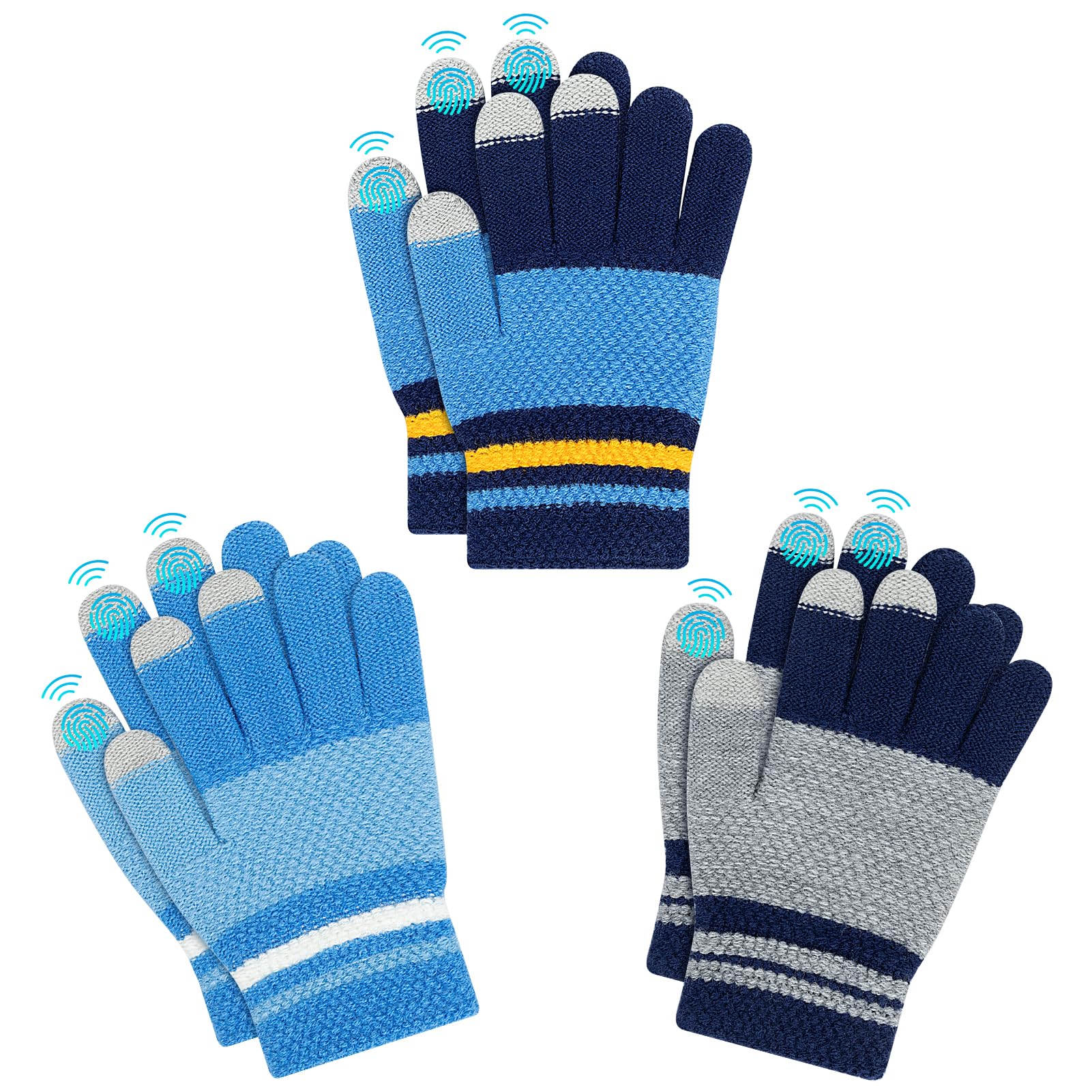 Kiiwah 3 Paires Gants Tricotés Chauds pour Enfants, Doigts Complets Thermique, Garçons 7-9 Ans (Bleu, Marine, Gris)