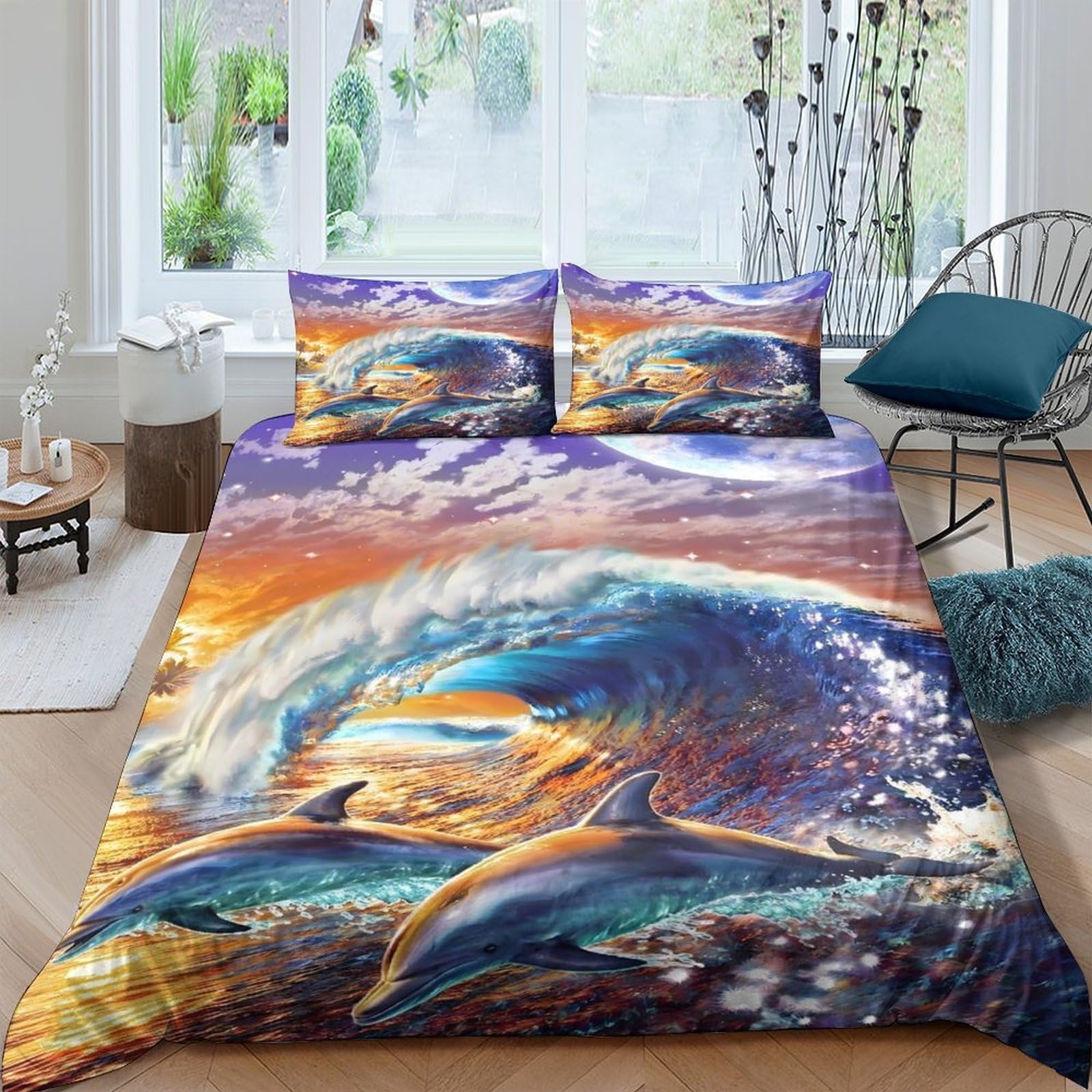 Ctjqhvkz Style-4 3D Printed Ocean Wave Fitted Sheet Microfiber Soft Dolphin Sunset Bed Cover For Bedroom Dorm Decor Protection Single（135X200cm）
