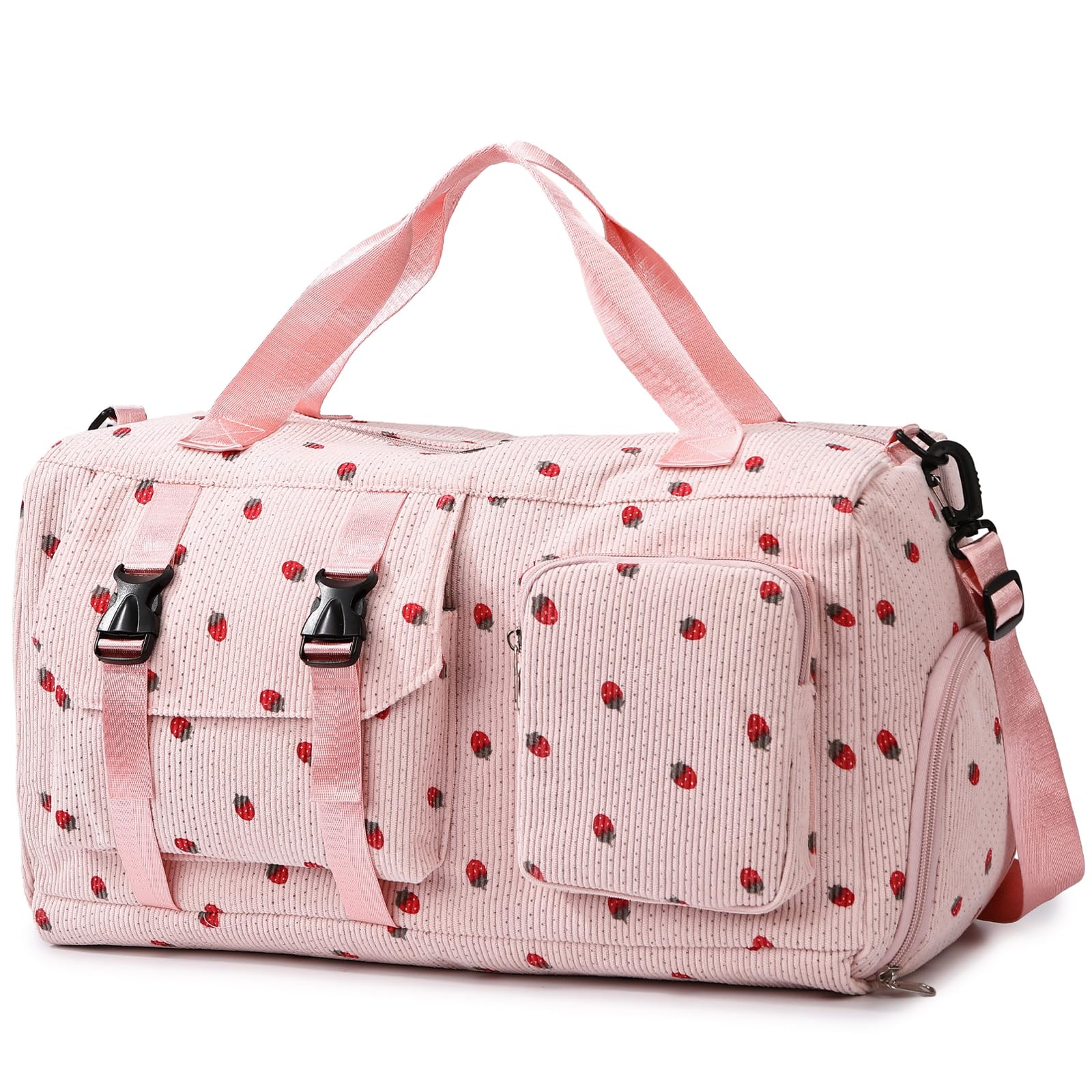 unisoul Corduroy Strawberry Travel Duffel Bag for Women Girls, Large Weekender Bag with Shoe Compartment & Wet Pocket, Foldable Overnight Gym Sports Bag, Cute Dance Bag with Luggage Sleeve，Pink