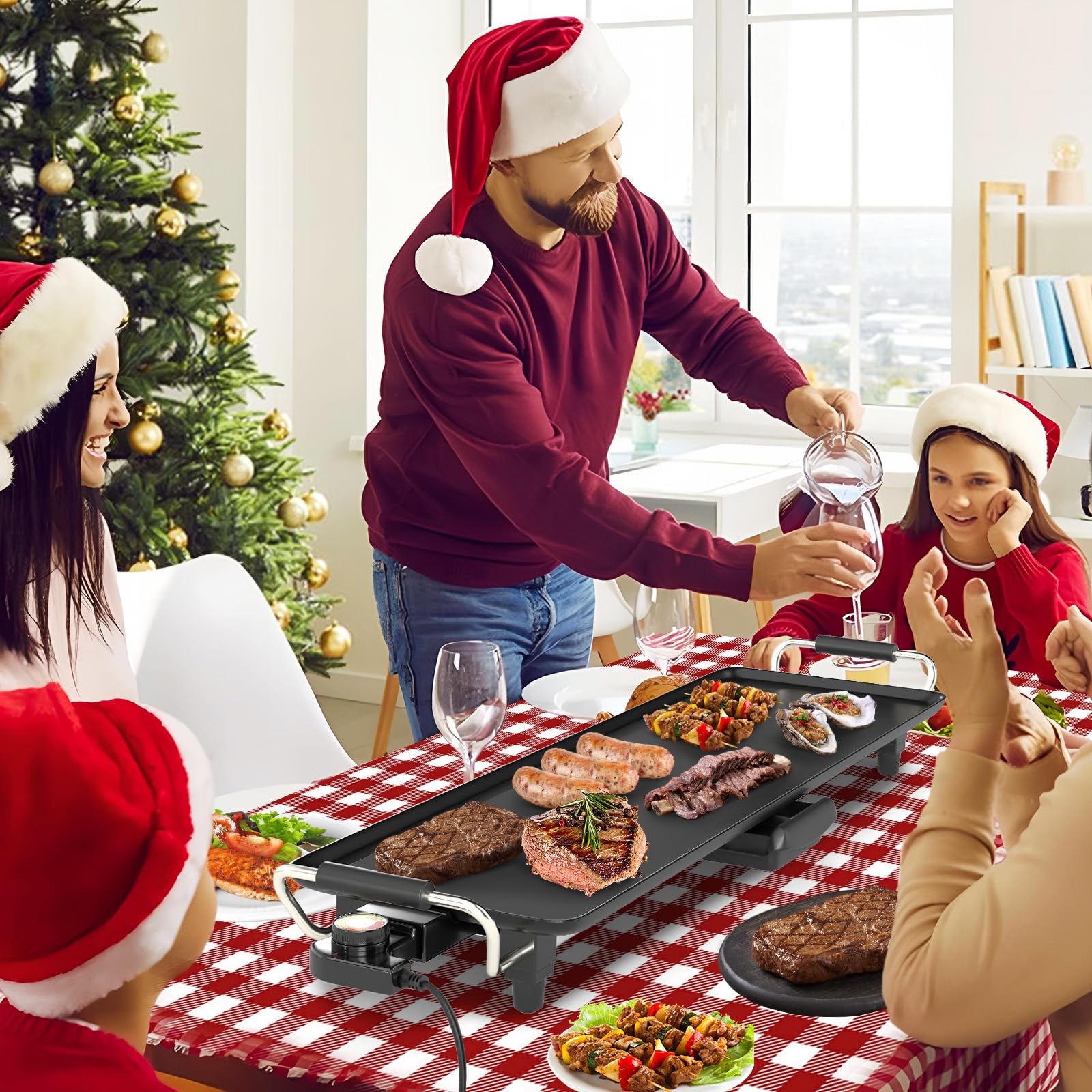 GOPLUS Plancha Électrique XXL 1400W, Thermostat Ajustable, Plancha Grille Table Antiadhésive & Lavable avec Poignée Rembourrée, Grande Capacité pour 8 Personnes (70x24CM)
