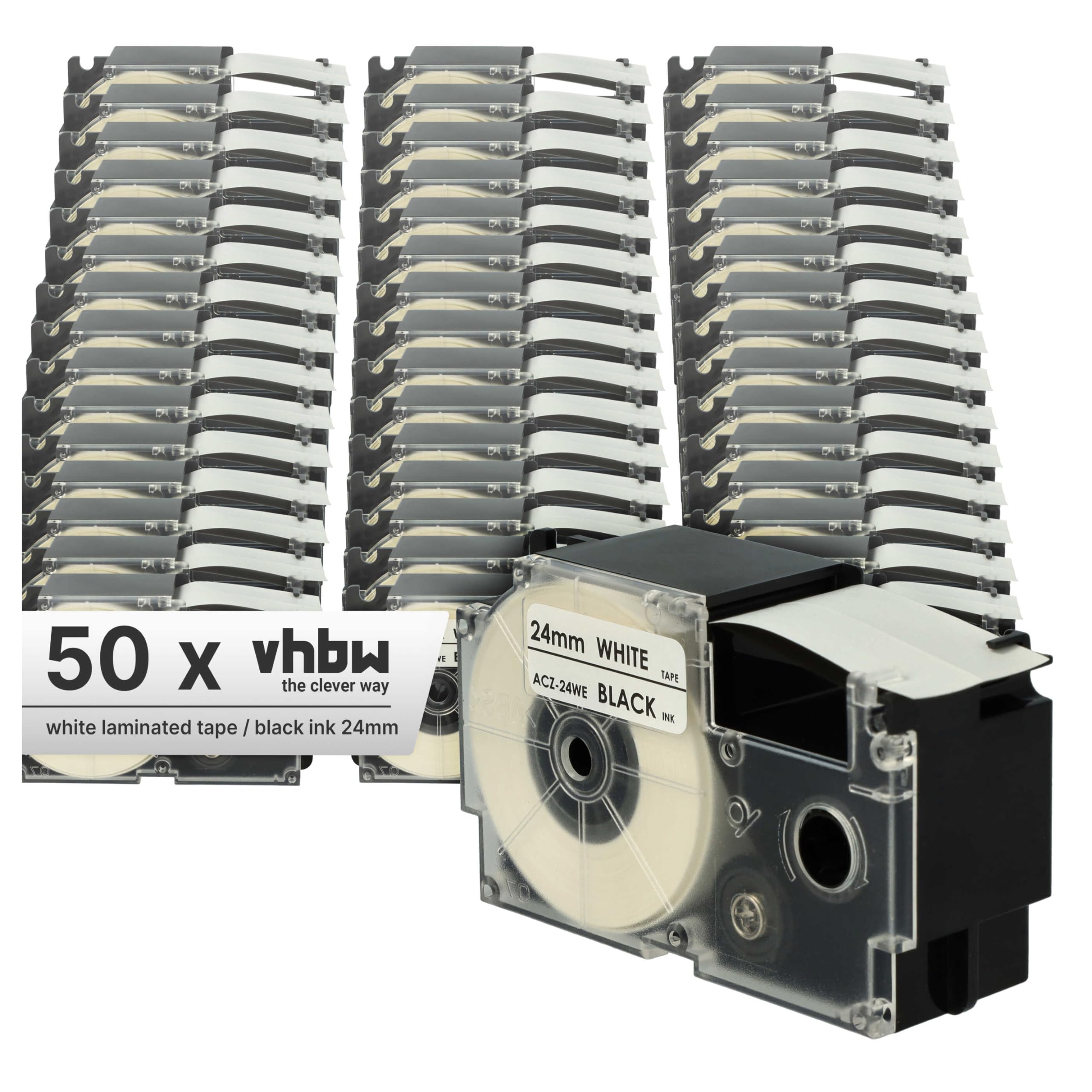vhbw 50 x taśma do etykiet, kompatybilna z drukarką etykiet Casio KL-820, KL-7400, KL-200E, KL-8100, KL-8200, CW-L300, 24 mm, czarno-biała