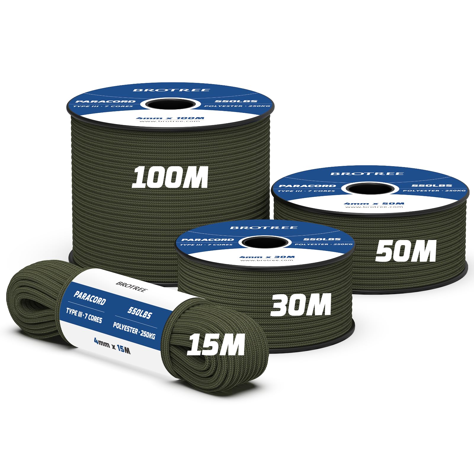 Brotree 550 Paracord 4mm 15m Rope Type III 7 Strands 100% Polyester Parachute Cord for Crafting, Camping, Outdoor, Survival - Army Green