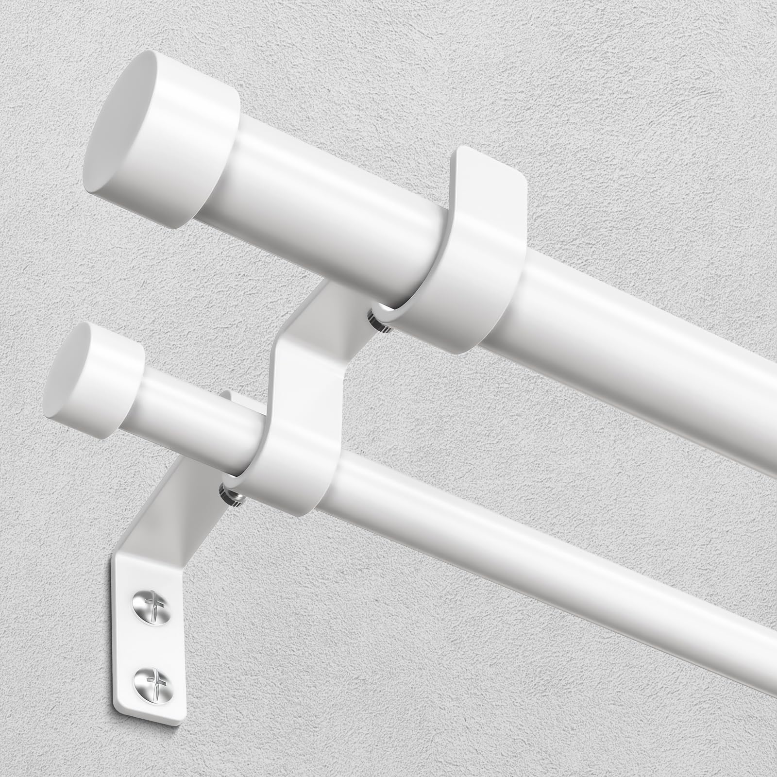 white double curtain rod, 36 to 72 inch dual curtain rods with aluminium modern end cap finials, 1 inch adjustable heavy duty window treatment rods, telescopic metal double drapery pole set