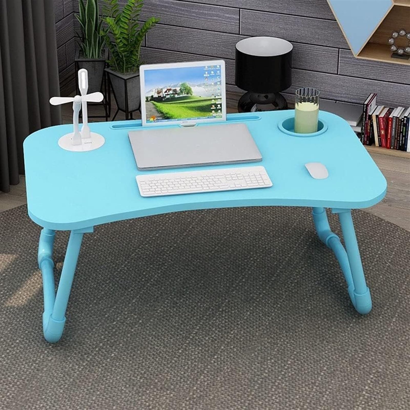 Regulowany składany stolik na laptopa Lap biurko łóżko podstawka pod komputer z otworem na kubek i wentylatorem uchwyt na książkę śniadaniową (Color : Blu)