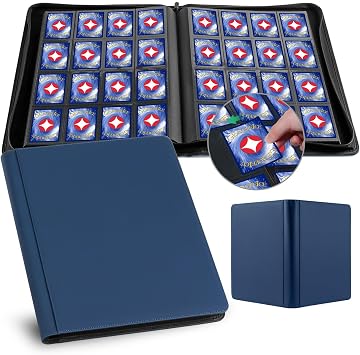 GEAoffice 16 Pocket Side-Loading Card Binder with Zip for 1000+ Cards, Blue | Ringless 4x4 Card Album, Acid-free & Non-PVC Page, Premium PU Leather, Fits MTG/TCG/Baseball/Sports&Games, Gift for Collector