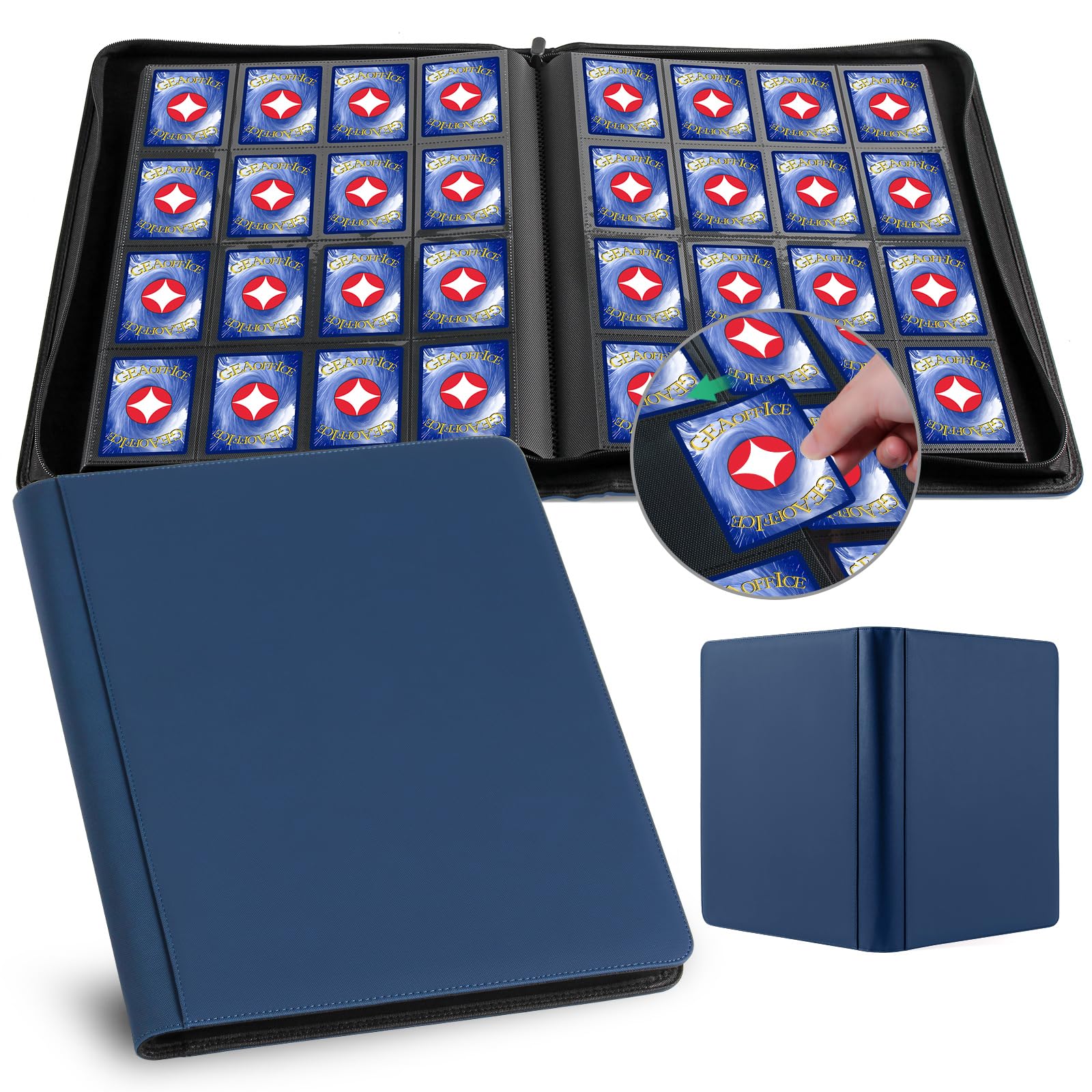 Classeur de cartes de jeu ATC sport bleu GEAoffice album rangement 16 poches latérales zippé