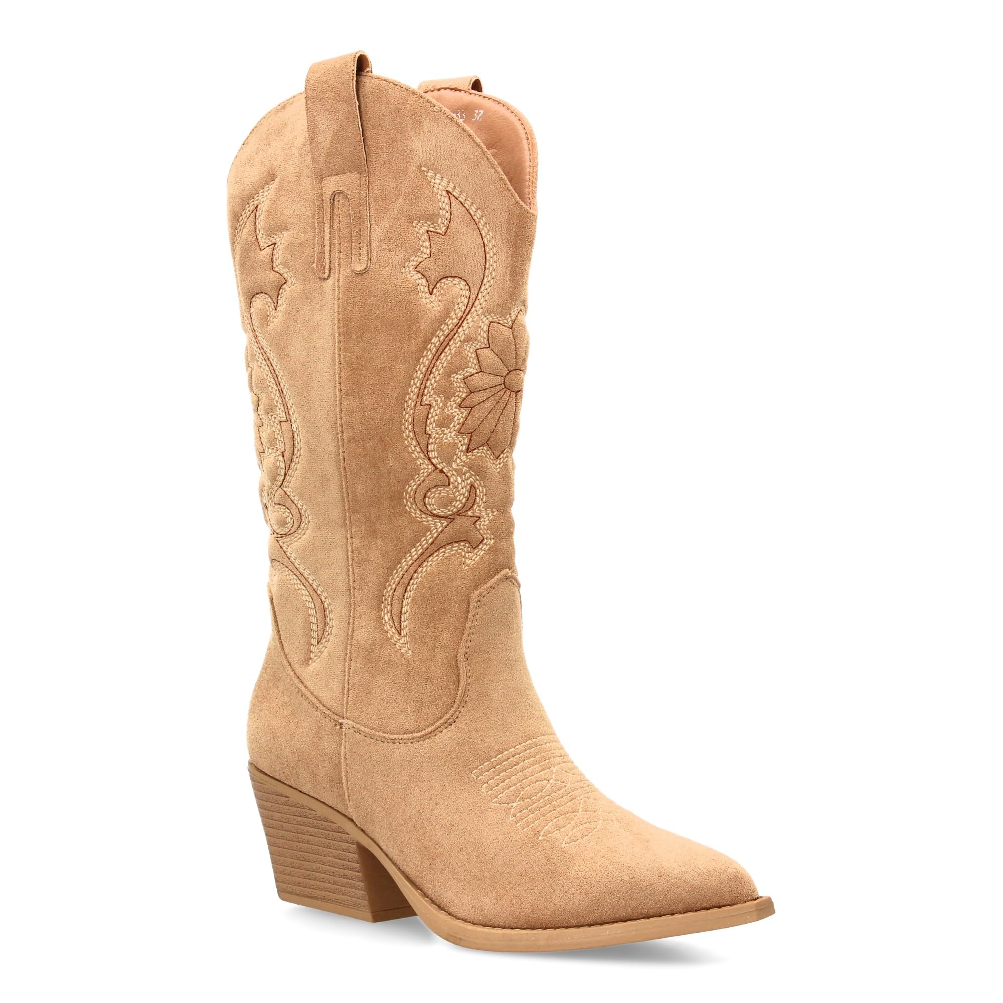 Bota Cowboy de Cana Alta con Bordados para Mujer. Tacon Medio y Punta Fina, Estampado Liso. Estilo campero y Cierre de Cremallera, Ideales para Temporada Otono Invierno.