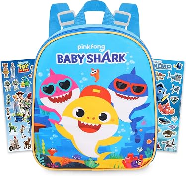 Baby Shark Mini Backpack for Toddlers Bundle - 11" w Adjustable Straps | Baby Shark Small Backpack for Travel Preschool Plus Stickers Fits Girls, Boys, Kids
