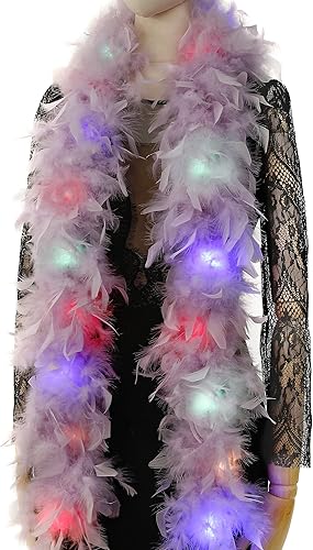 Larryhot Boas de plumas moradas para fiesta, 2 yardas, 2.65 oz, 20 luces LED coloridas para fiestas, bodas, disfraces de Halloween, árbol de Navidad