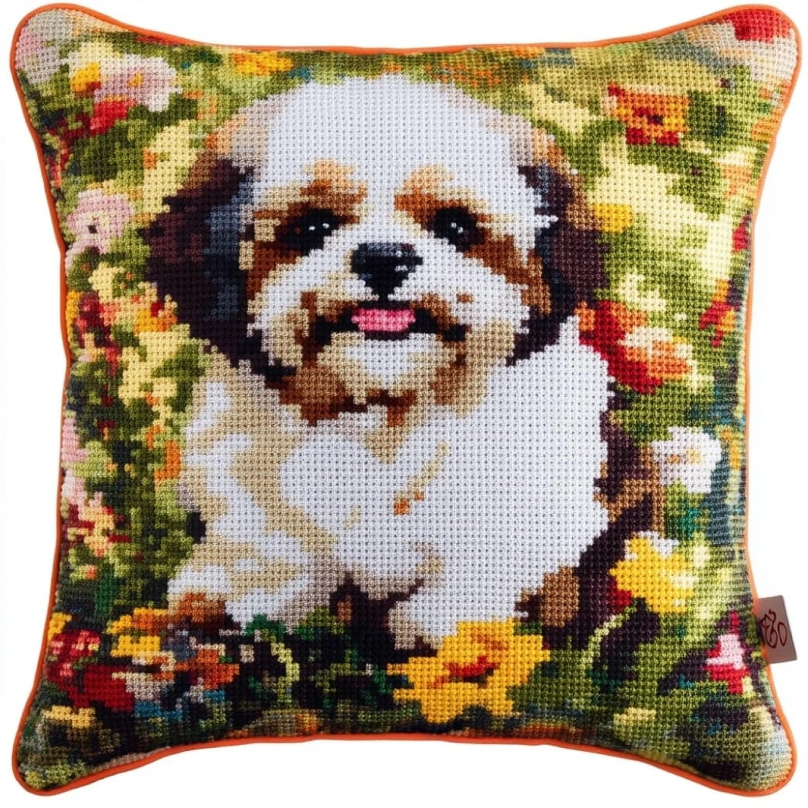 WallustrioaW DIY Cross Stitch Pillow Kit,Shih Tzu in the Flowerbed,Cushion Kit Needlepoint Craft Set Cushion Pre Printed Handmade Needle Pillow Cover,45x45cm