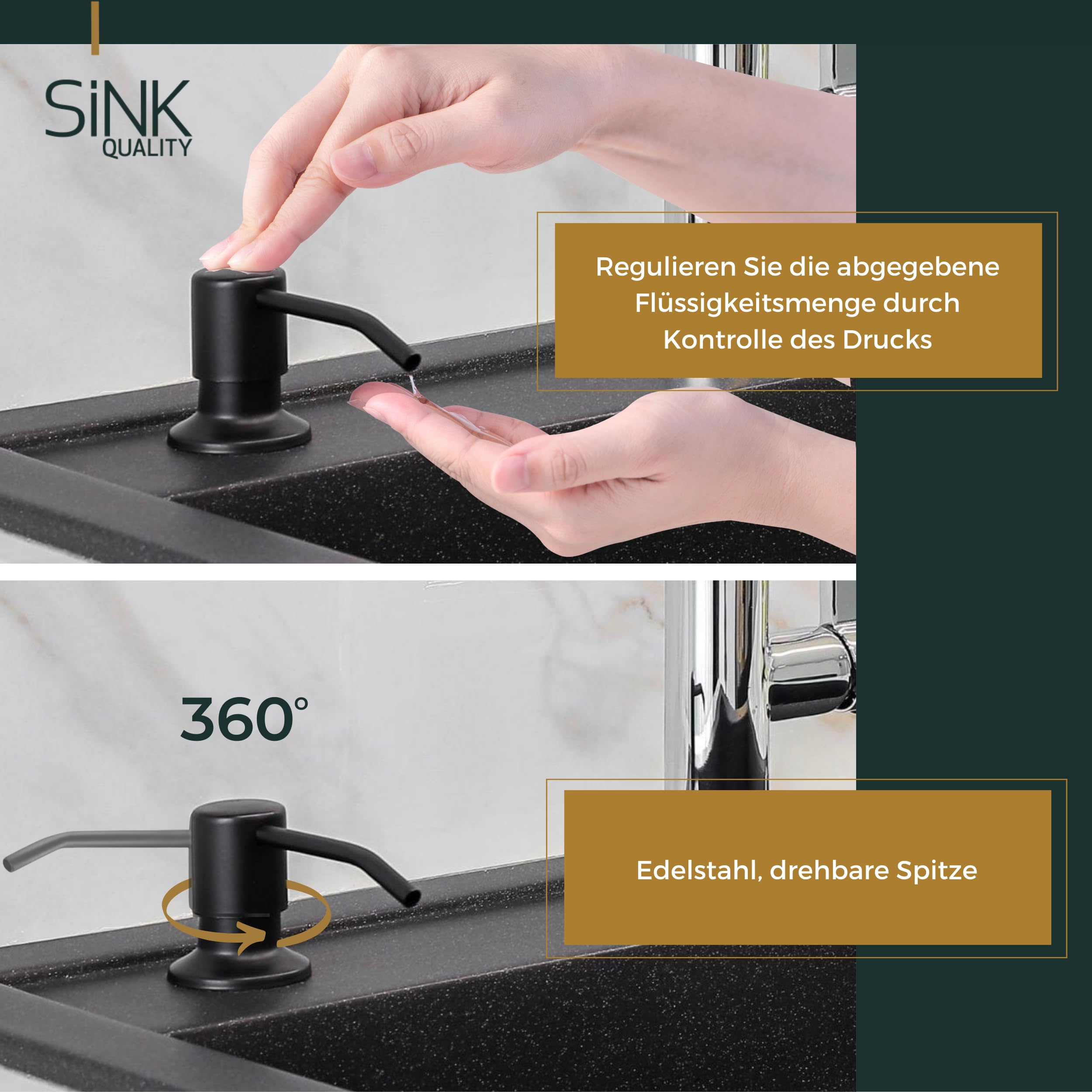 Sink Quality - Dispenser di sapone da incasso bianco - 320 ml in PVC robusto - Dispenser per detersivo da incasso per lavello, antiruggine, ricaricabile dall'alto, pompa girevole a 360°, dispenser per
