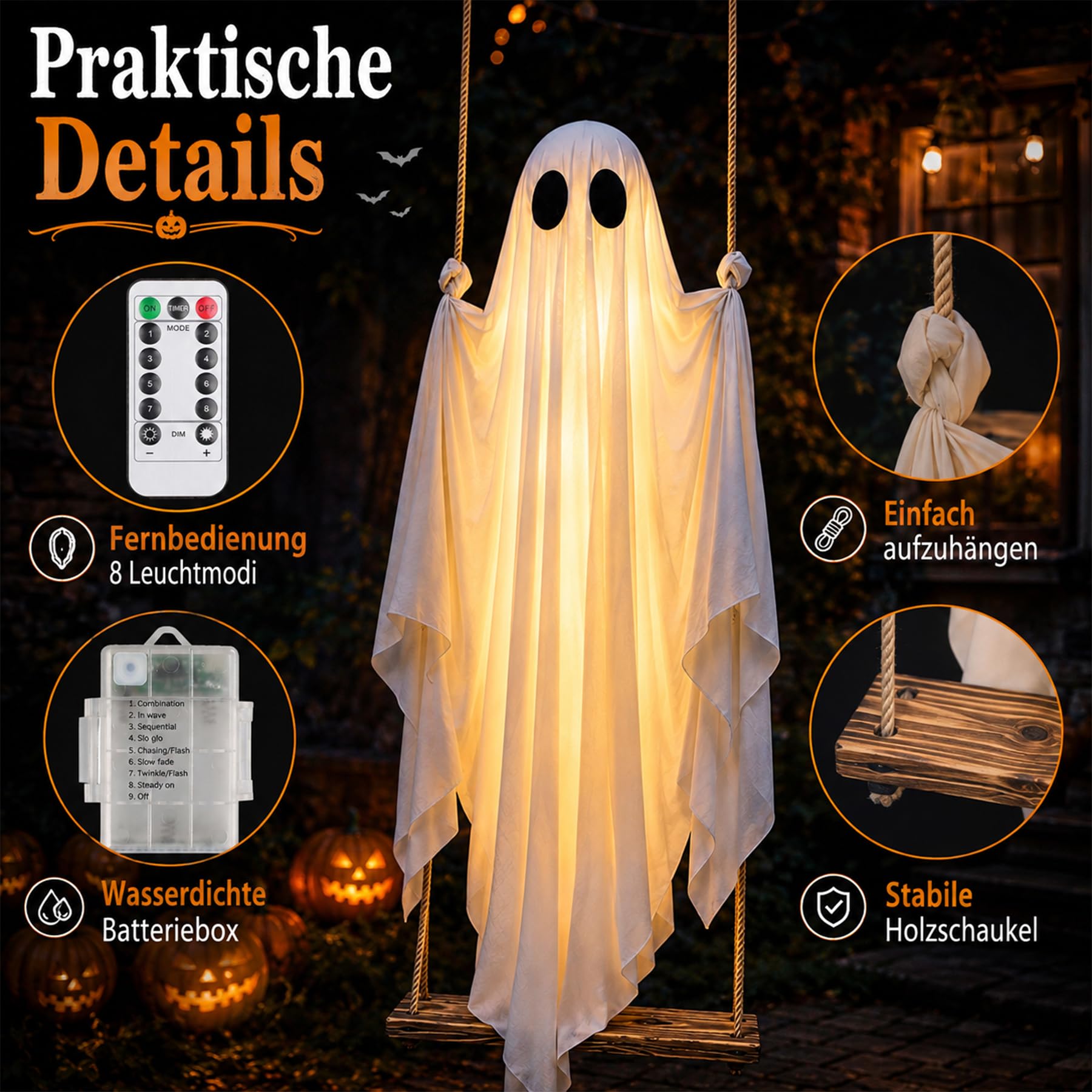 155cm LED Halloween Deko Outdoor Geist Hängen Deko mit Fernbedienung