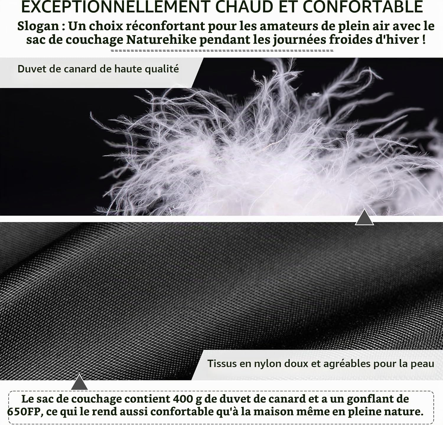 Naturehike CW400 Sac de Couchage en Duvet ultraléger Sac de Couchage de Camping Momie pour Adultes Pouvoir de Remplissage 650FP -11 ℃-6 ℃ avec Sac de Compression étanche adapté à la randonnée/Camping