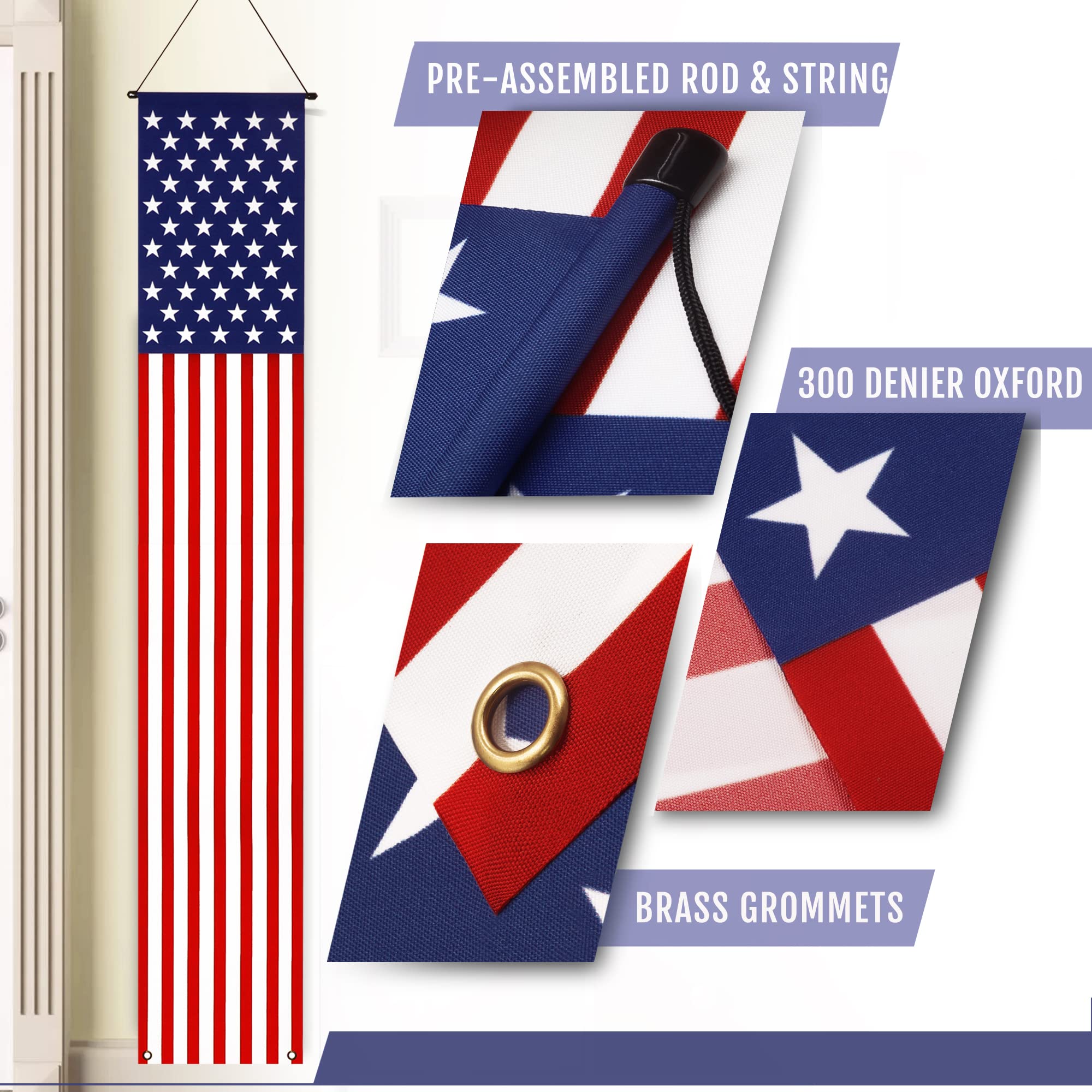 Anley American Flag Znaki na ganek z opuszczanymi drzwiami (2 sztuki) - 12 "x 72" Żywy kolor i odporność na blaknięcie - Flaga USA Wiszący baner ścienny Patriotyczna dekoracja na przyjęcie