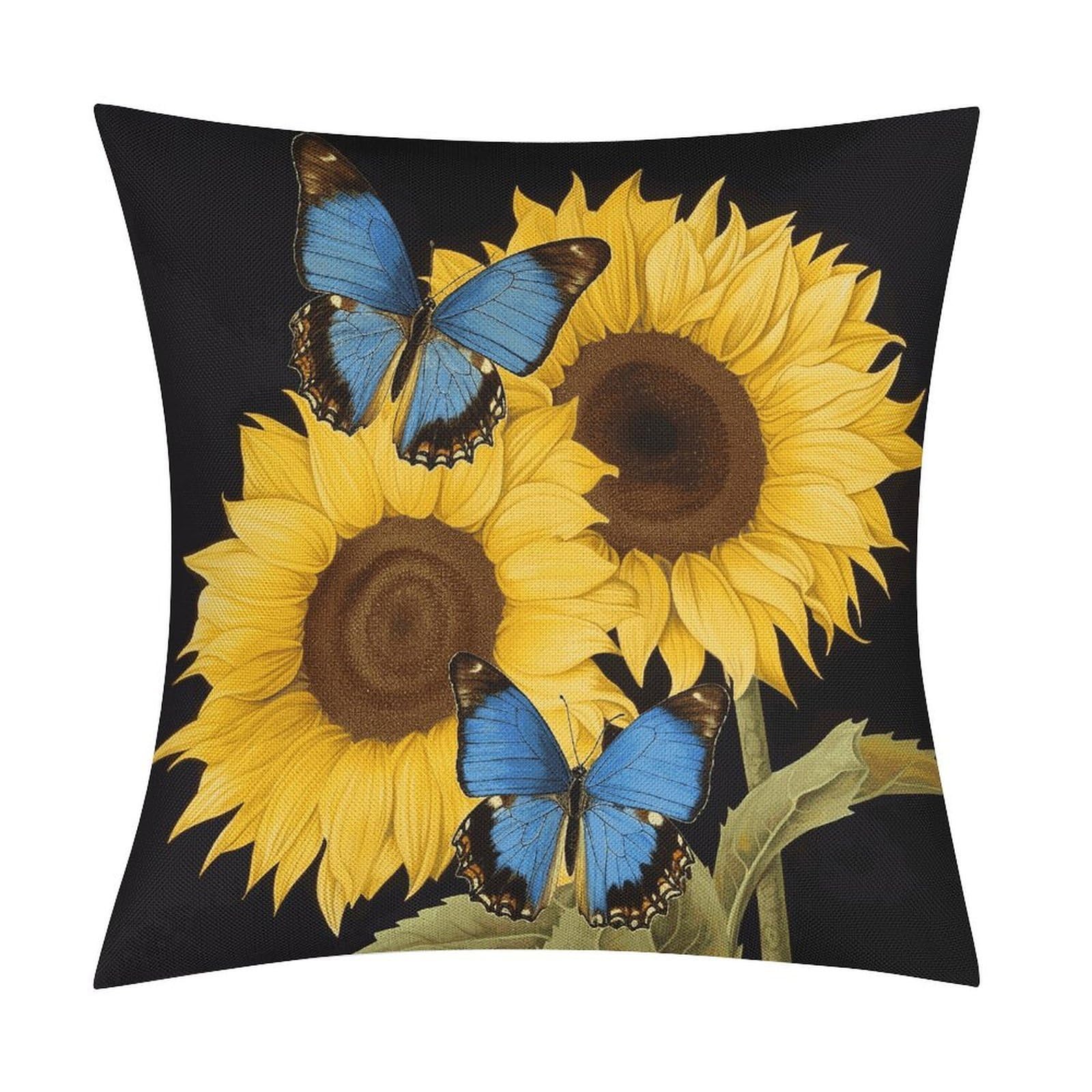 Yellow Sunflowers with Blue Butterflies Throw Pillow Covers Farmhouse Pillow Cover Standard Pillow Shams Decorative Square Pillowcases Soft Pillow Cases Wrinkle Fade Resistant for Couch Home 18x18 Inc