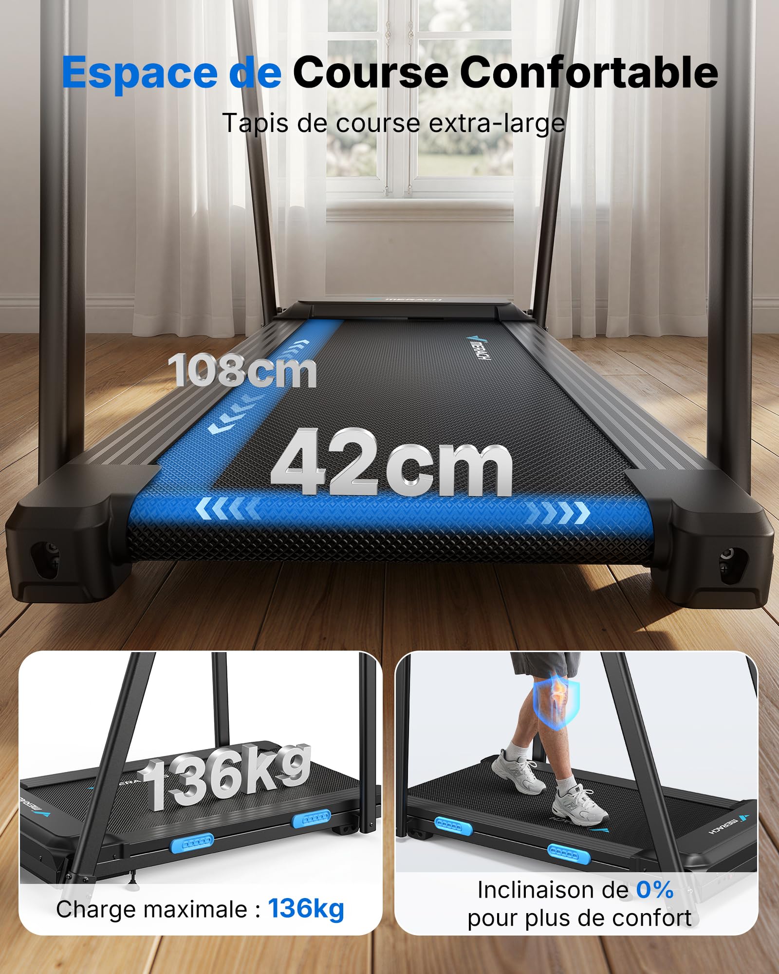 MERACH Tapis de Course Électrique Moteur Silencieux 3,0 CV Charge Max 136kg pour Seniors Rééducation Cardio à Domicile