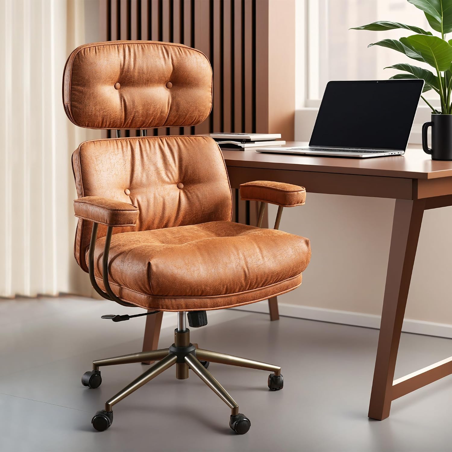 ovios Ergonomic Office Chair, High Back Faux Leather Executive Chairs with Thick Cushion, Comfy Mid-Century Modern Swivel Rolling Computer Armchair (Brown, Suede Leather) - Thumbnail 5