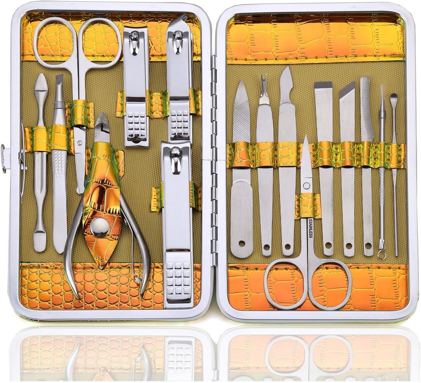 Manicure Set Nail Grooming Kit - Professional Nail Clipper Pedicure Tools 16pcs for Travel with Delicate Case for Men and Women (Gold)