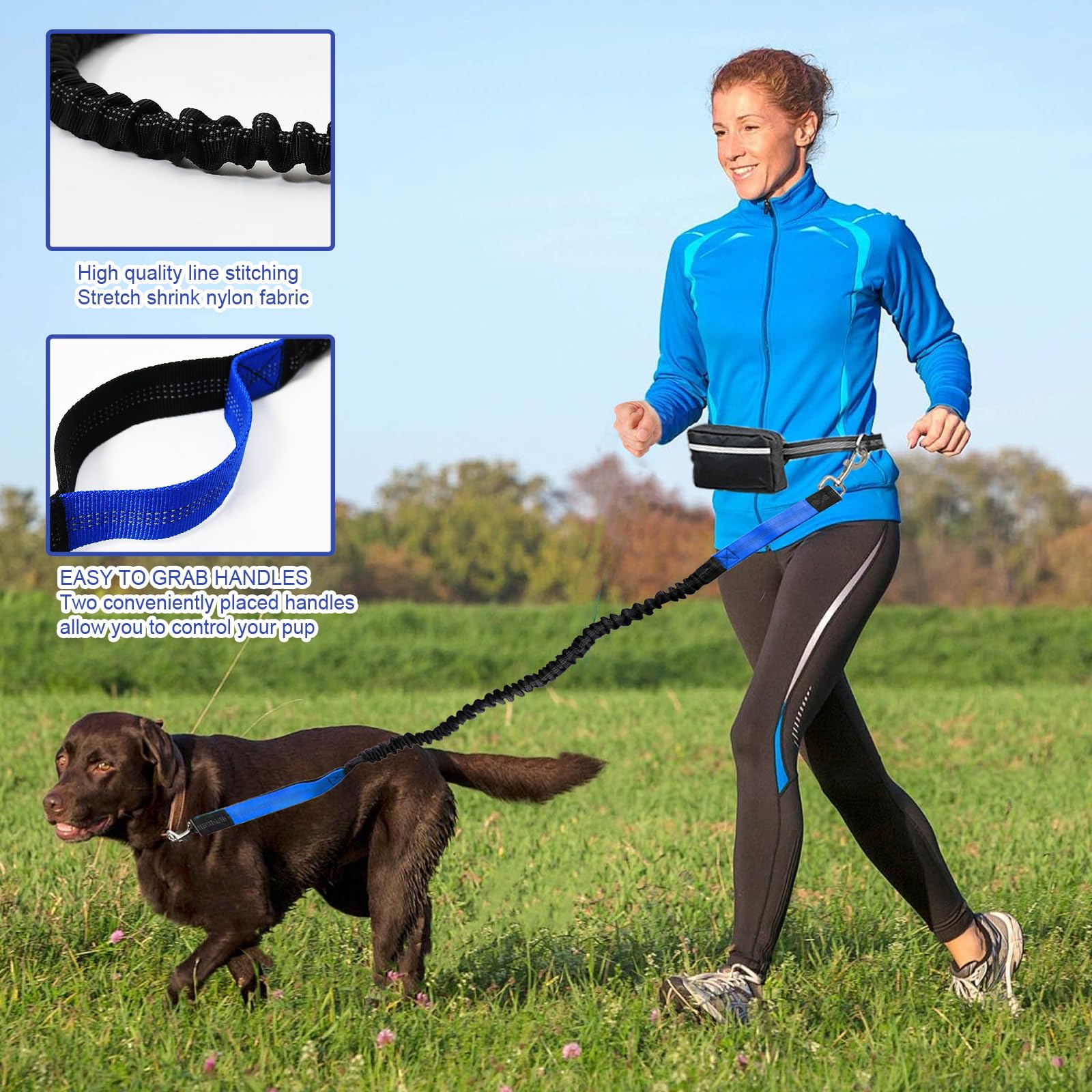 Guinzaglio Mani Libere Per Cani | Cintura Regolabile | Fino A 60kg | Con Tasca Per Telefono - Foto 3