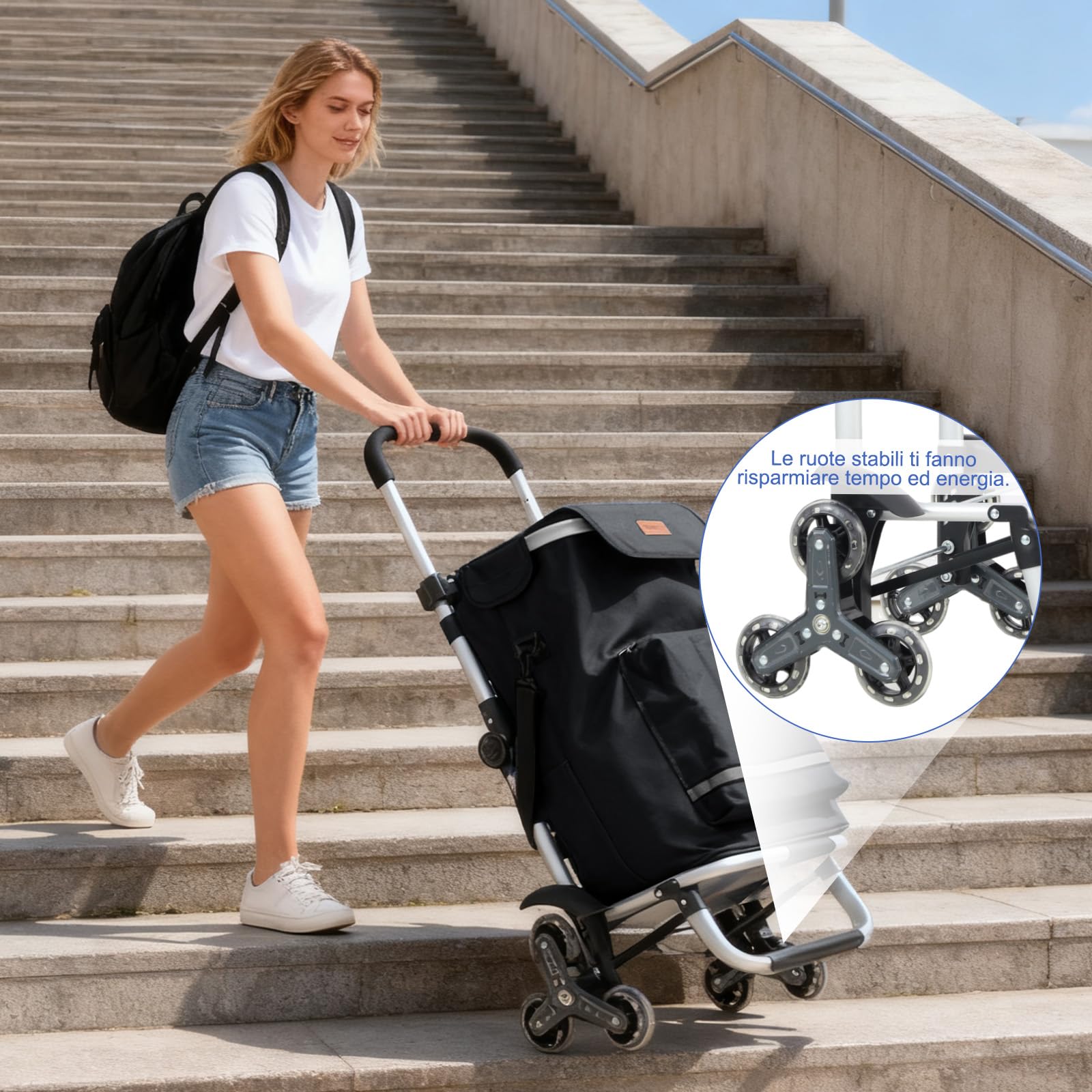 Sekey Carrello della Spesa Pieghevole con Funzione Saliscale, Carrello 3 in 1 con Borsa a Tracolla e 3 Ruote, Trolley e Carrello Impermeabile Ideale per la Spesa e il Campeggio – Nero