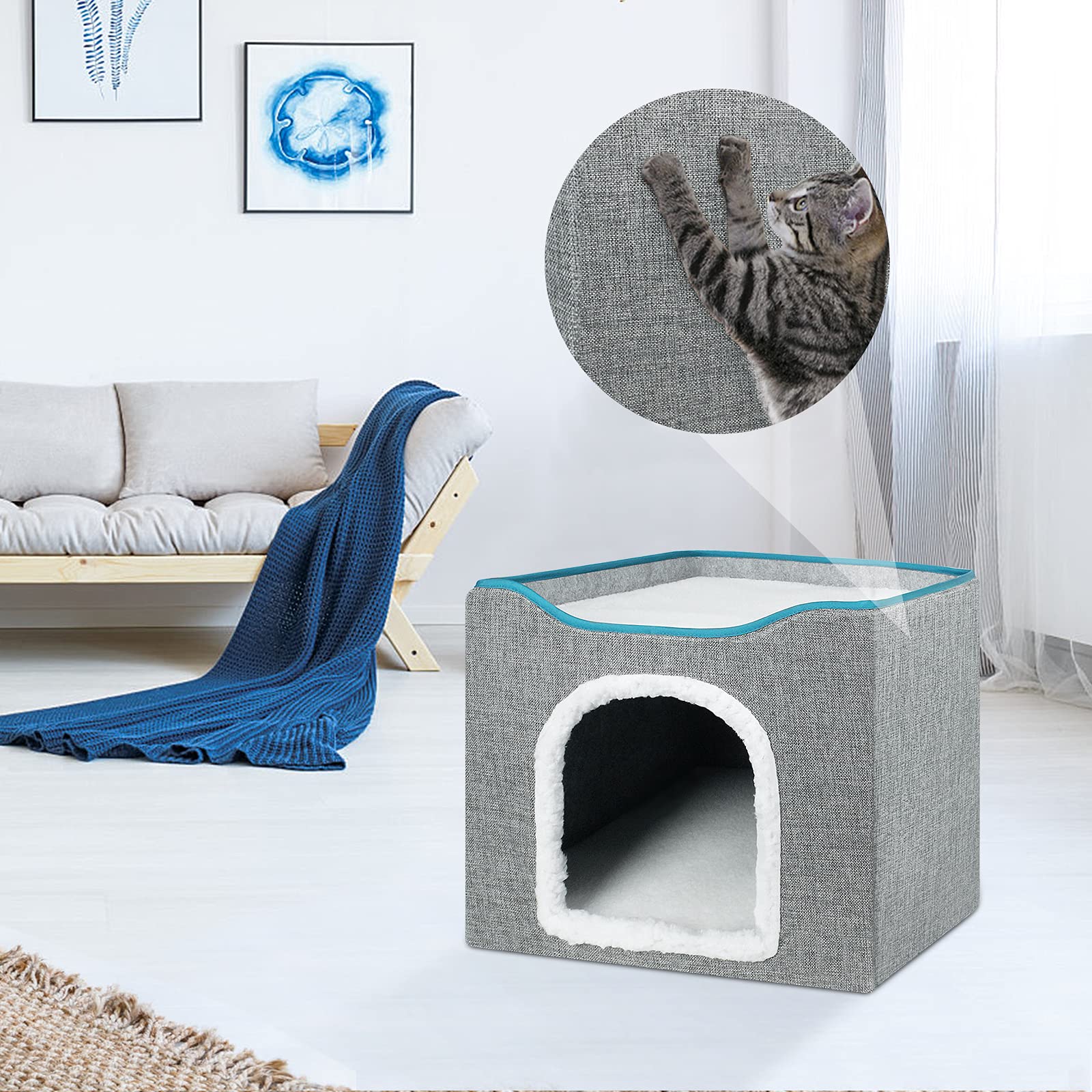 Cuccia Per Gatti BRIAN & DANY Con Tiragraffi - Casetta Pieghevole 40x40x32cm, Grigia, Con Cuscino E Pallina - Foto 14