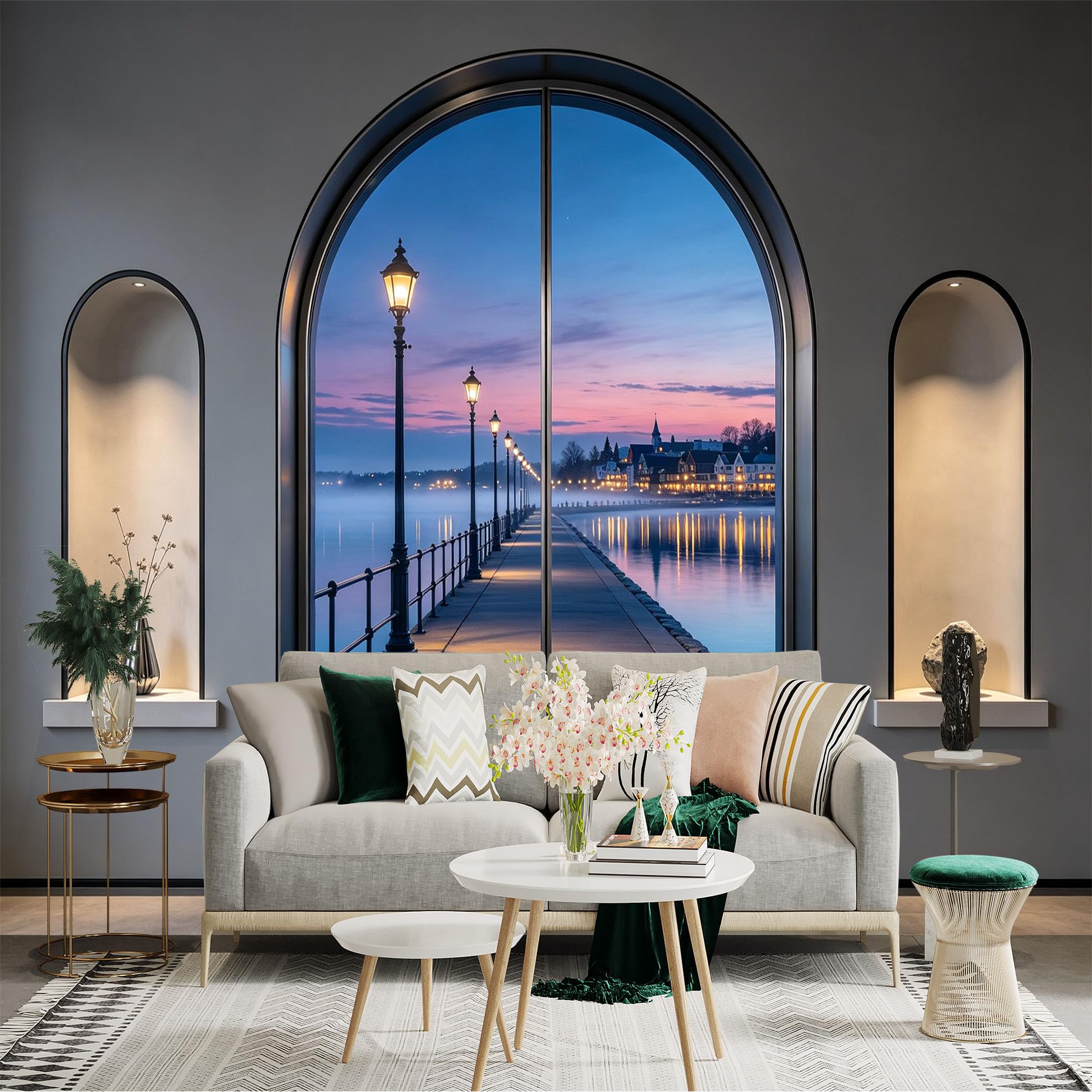 Custom Size Wall Sticker Mural， Sunset Lake Pier with Street Lamps and Coastal Village， for wall Decoration， peelandstick wall Decals.