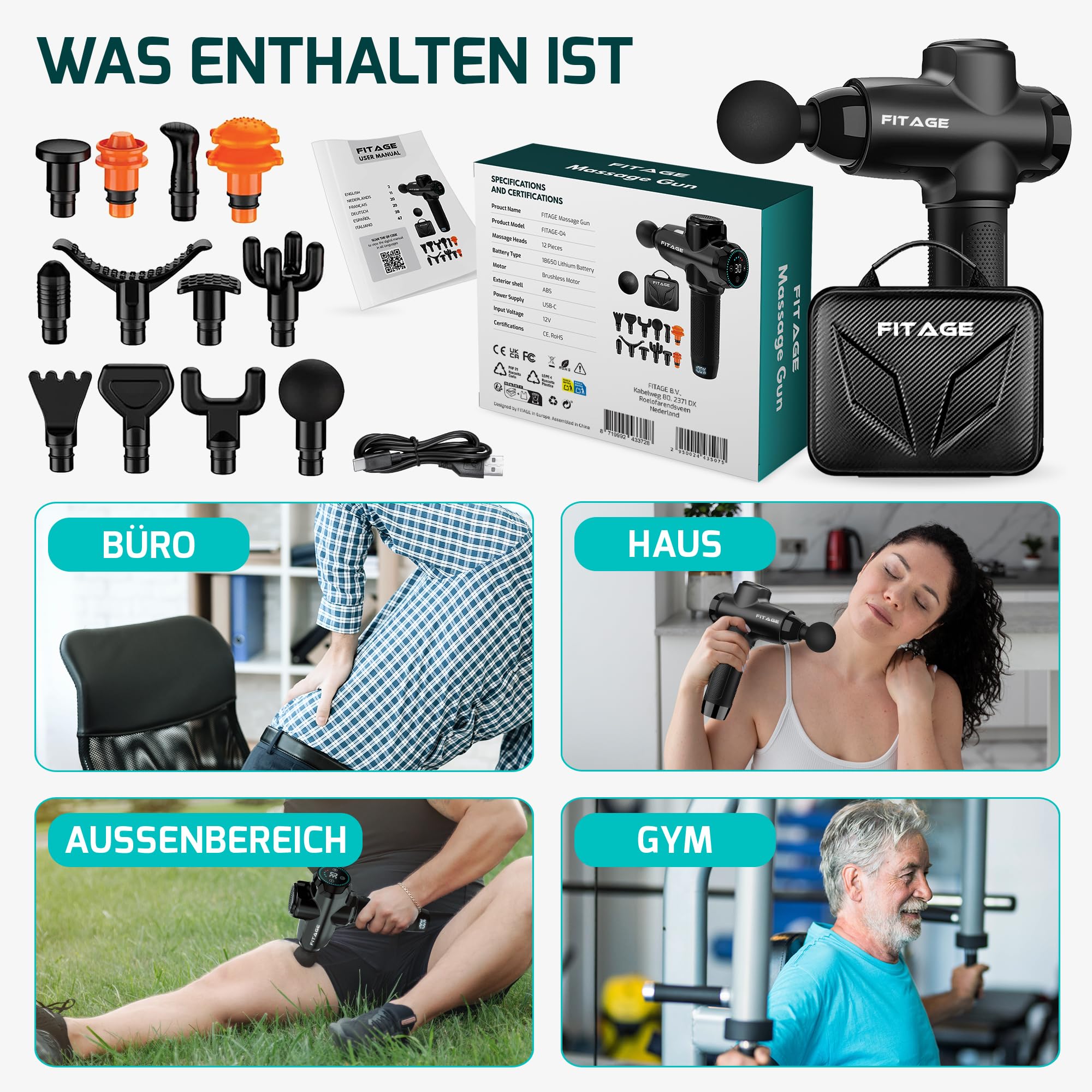 FITAGE Massagepistole, Leises Massagegerät mit 30 einstellbaren Geschwindigkeitsstufen, Massage Gun, 12 Aufsätze für Tiefengewebe Schulter, Rücken und Ganzkörperentspannung, Massage-Pistole – Original