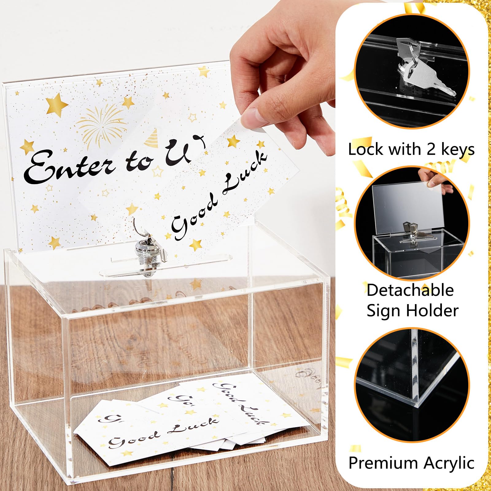 Beeveer 2 cajas de rifa acrílicas con cerradura, 400 unidades, tarjetas de rifa, caja de boletos de rifa con soporte para letreros, caja de sugerencia con ranura, caja de donación transparente, caja