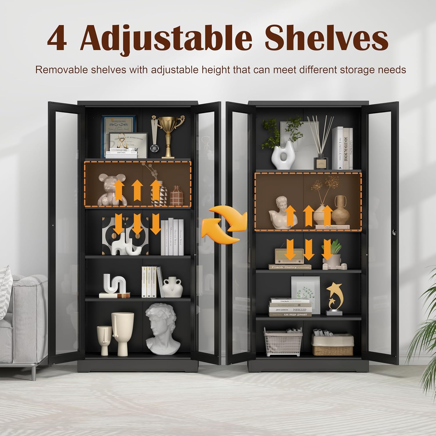 71" Glass Display Cabinet with Lock,Curio Cabinet with Glass Doors, Metal Display Case with 4 Adjustable Shelves, Black Bookcase Locking Storage Cabinets for,Liquor,Commercial