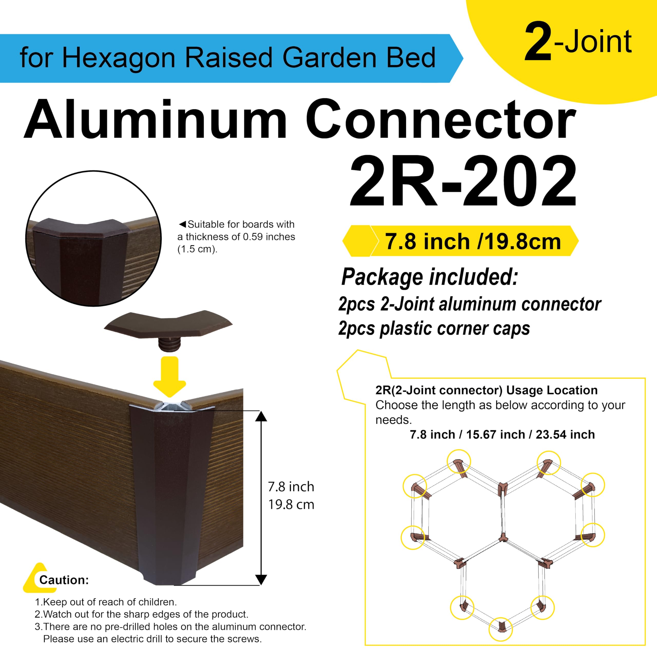 Aluco Wood 2-Joint Aluminum Connector Kit for Hexagon Raised Garden Bed, Corner Brackets for Planter, 2Pack and Complete with 2Pcs Corner Caps (H:7.8inch)