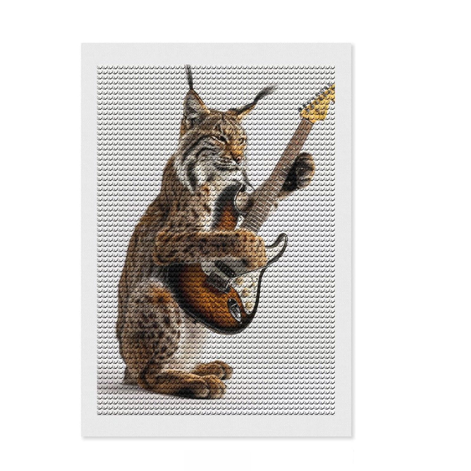 Junmoney Lynx Guitar DIY Diamond Art Canvas Kit 8"x12", Birthday Gift, Vintage Style Decor, for Beginners, Artistic Hobby