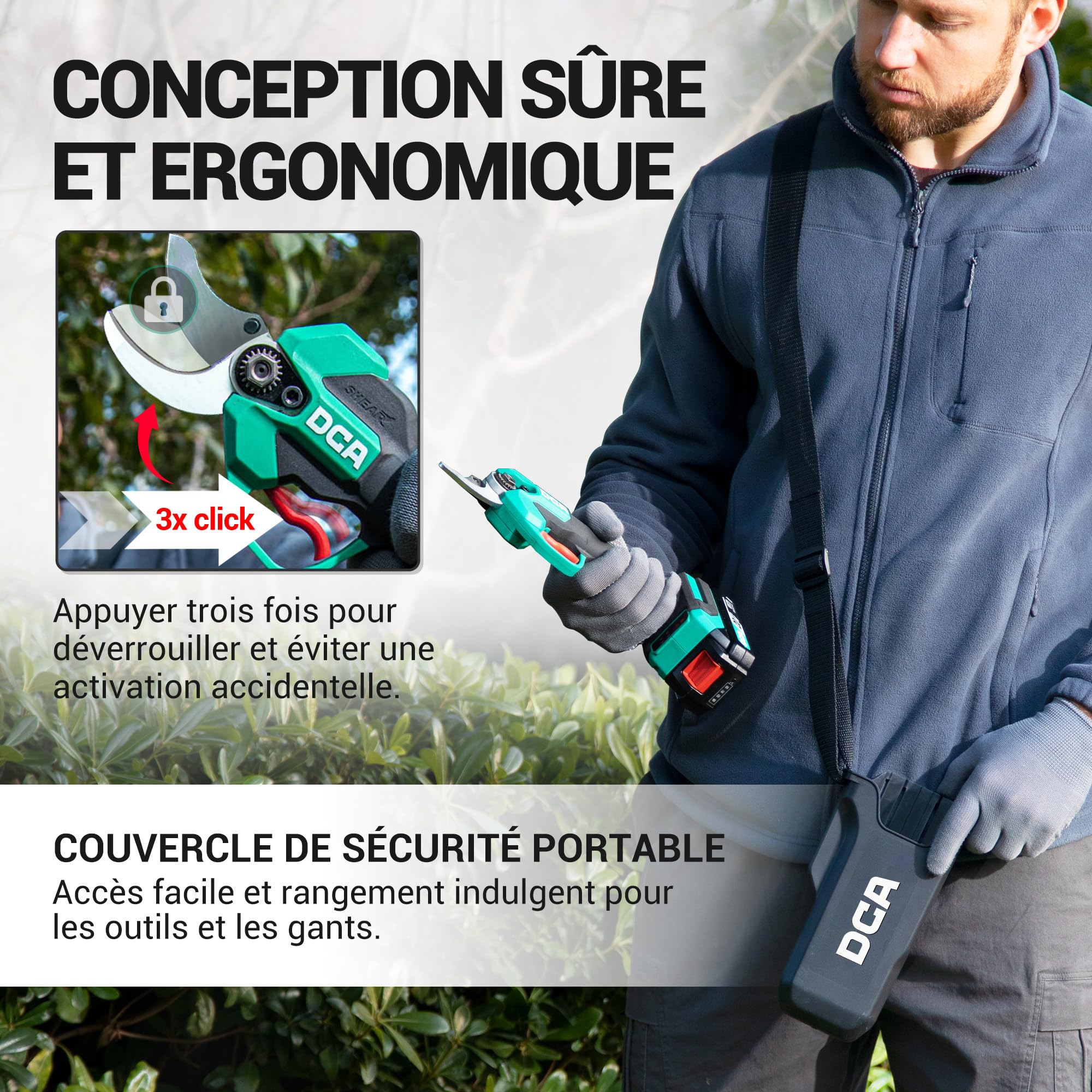 DCA Sécateur Électrique Sans fil 20V, max 35mm Secateur Electrique Moteur Sans Balais avec batterie 2,0Ah, lame SK5 avec étui de sécurité portable pour la taille jardinage vignoble arbres fruitiers