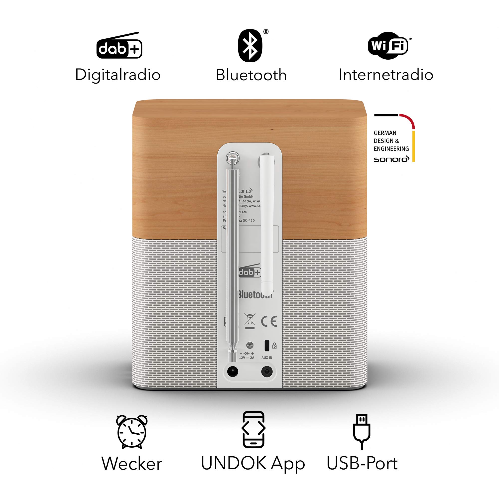Sonoro Radio Internet Bluetooth DAB+ FM WLAN MP3 Spotify Amazon Deezer resistente agli schizzi acero bianco