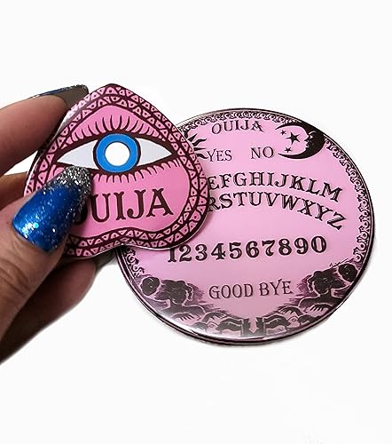 PORTABLE SMALL MINI OUIJA BOARD PINK PURPLE 3.5 INCH CIRCLE ROUNDED METAL LIGHT WEIGHT THAT INCLUDES A MINI PLANCHETTE THAT HAS A BEAUTIFUL EYE,